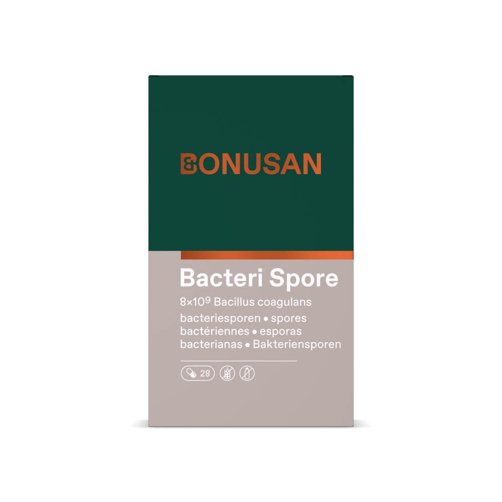 Verpakking van "Bacteri Spore" met "Bonusan" logo. Bevat 28 capsules.