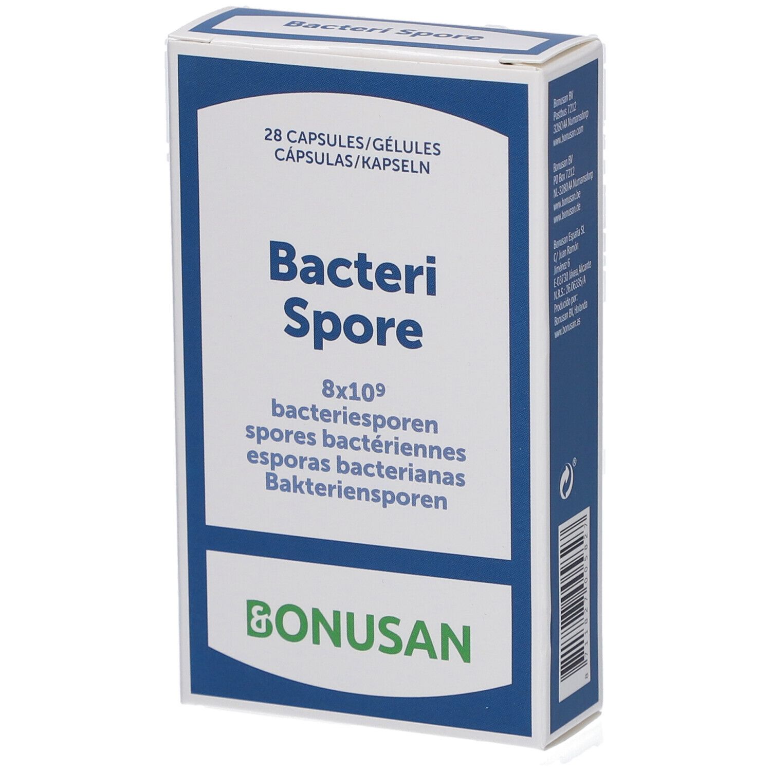Wit en blauw doosje met "Bacteri Spore" en "Bonusan" logo. Bevat 28 capsules.