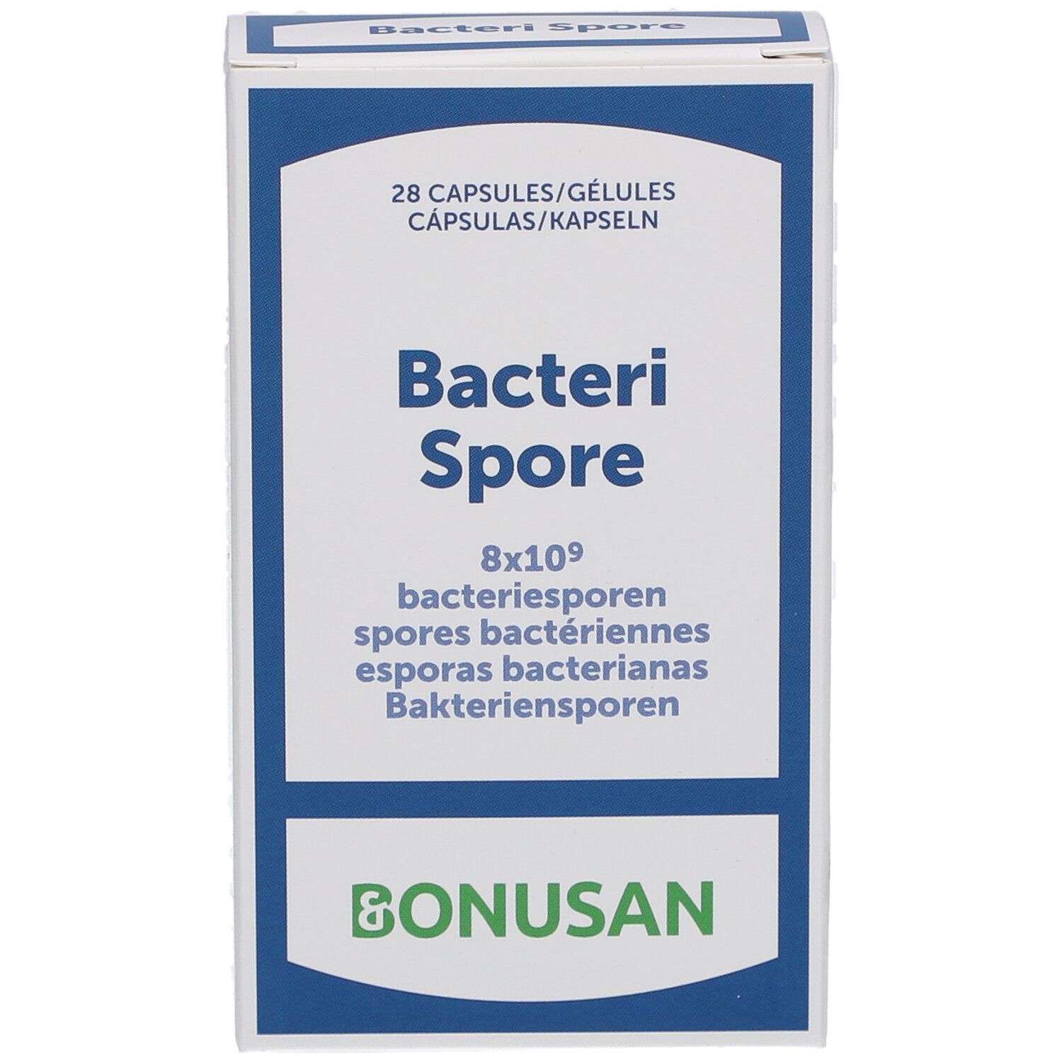 Wit en blauw doosje met "Bacteri Spore" en "Bonusan" logo. Bevat 28 capsules.