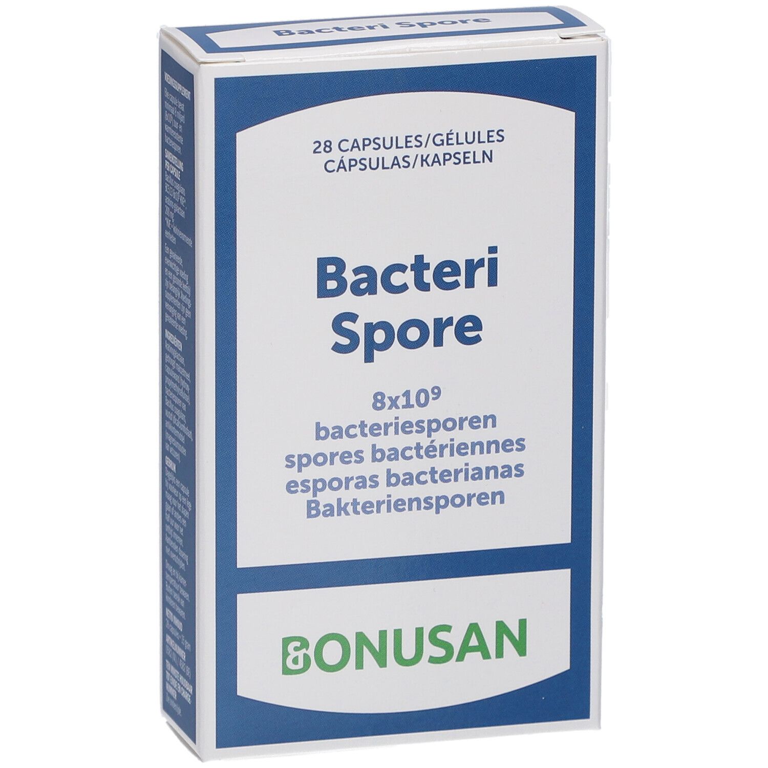 Wit en blauw doosje met "Bacteri Spore" en "Bonusan" logo. Bevat 28 capsules.