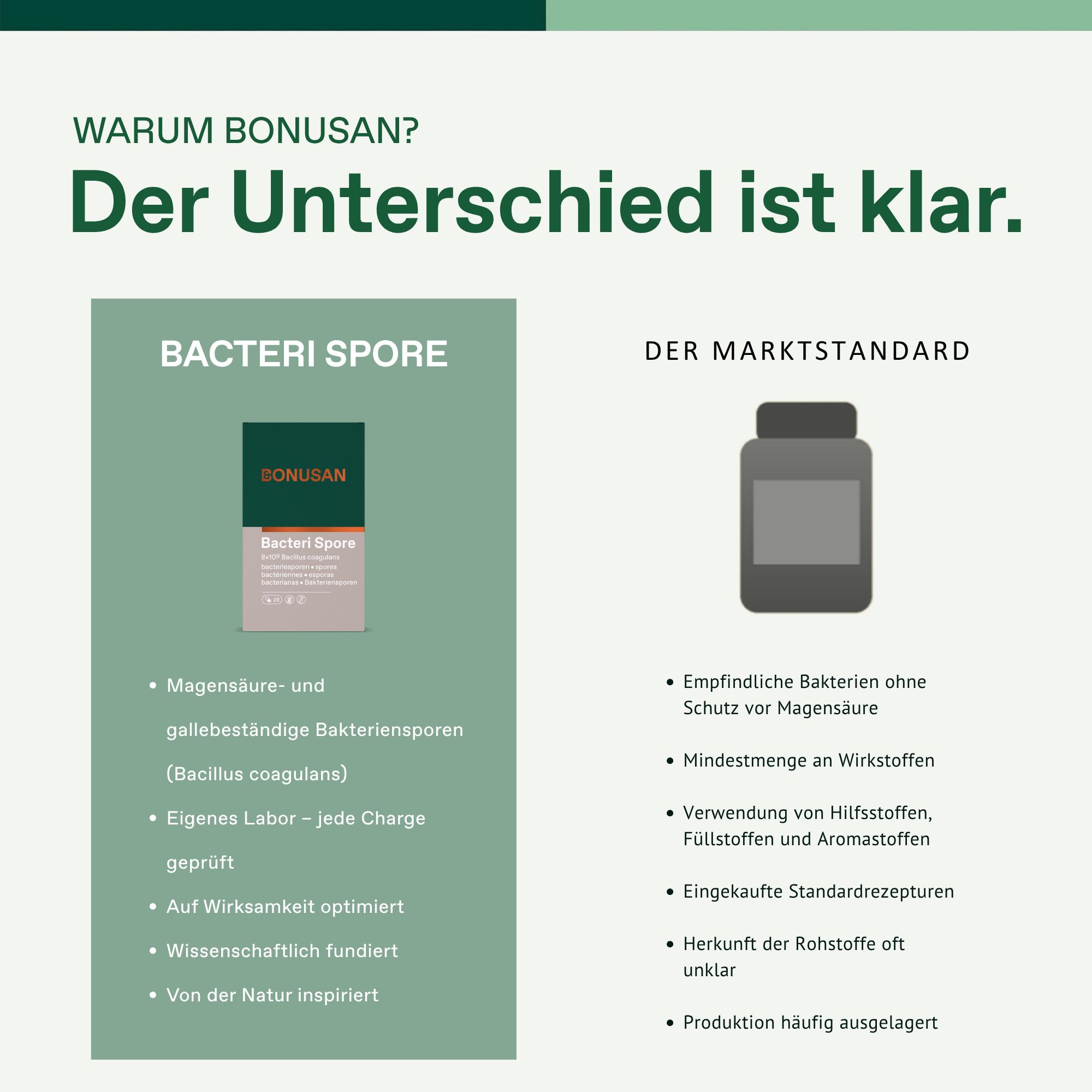 Bonusan Bacteri Spore Verpackung, Seitenansicht mit Inhaltsstoffen und Dosierung.