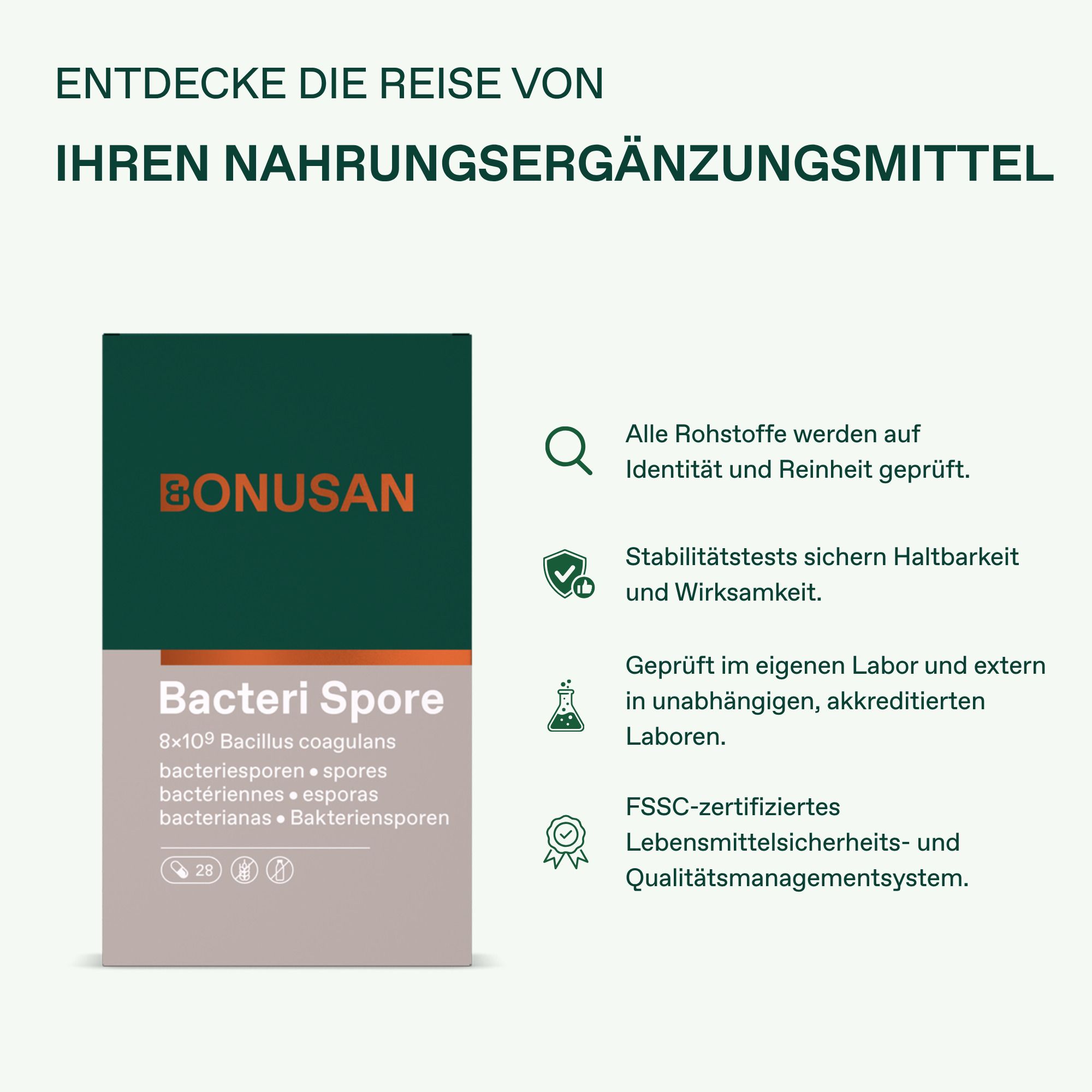 Bonusan Bacteri Spore Verpackung, Vorderseite mit Produktnamen und Dosierung.