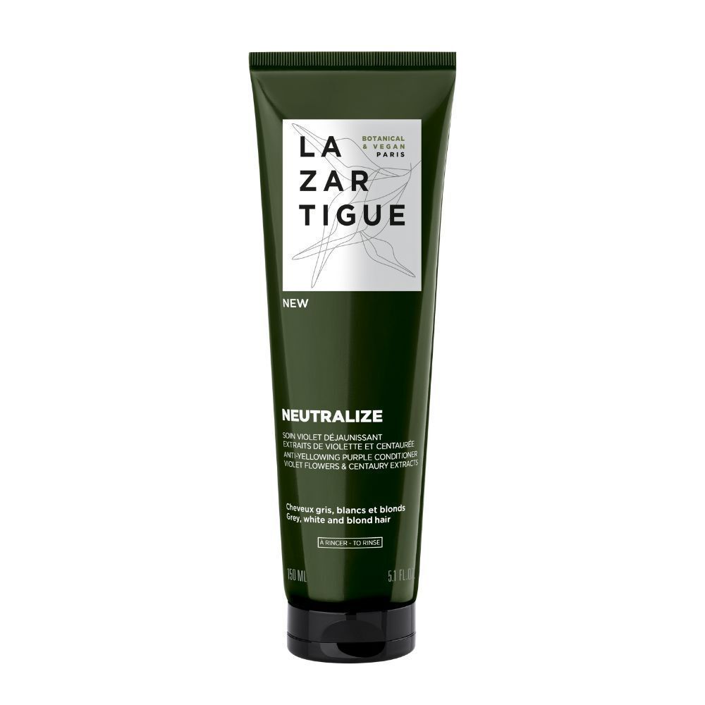 Tube vert foncé. Texte "LAZARTIGUE" et "NEUTRALISE". "Soin Violet Déjaunissant". Pour cheveux gris, blancs et blonds.