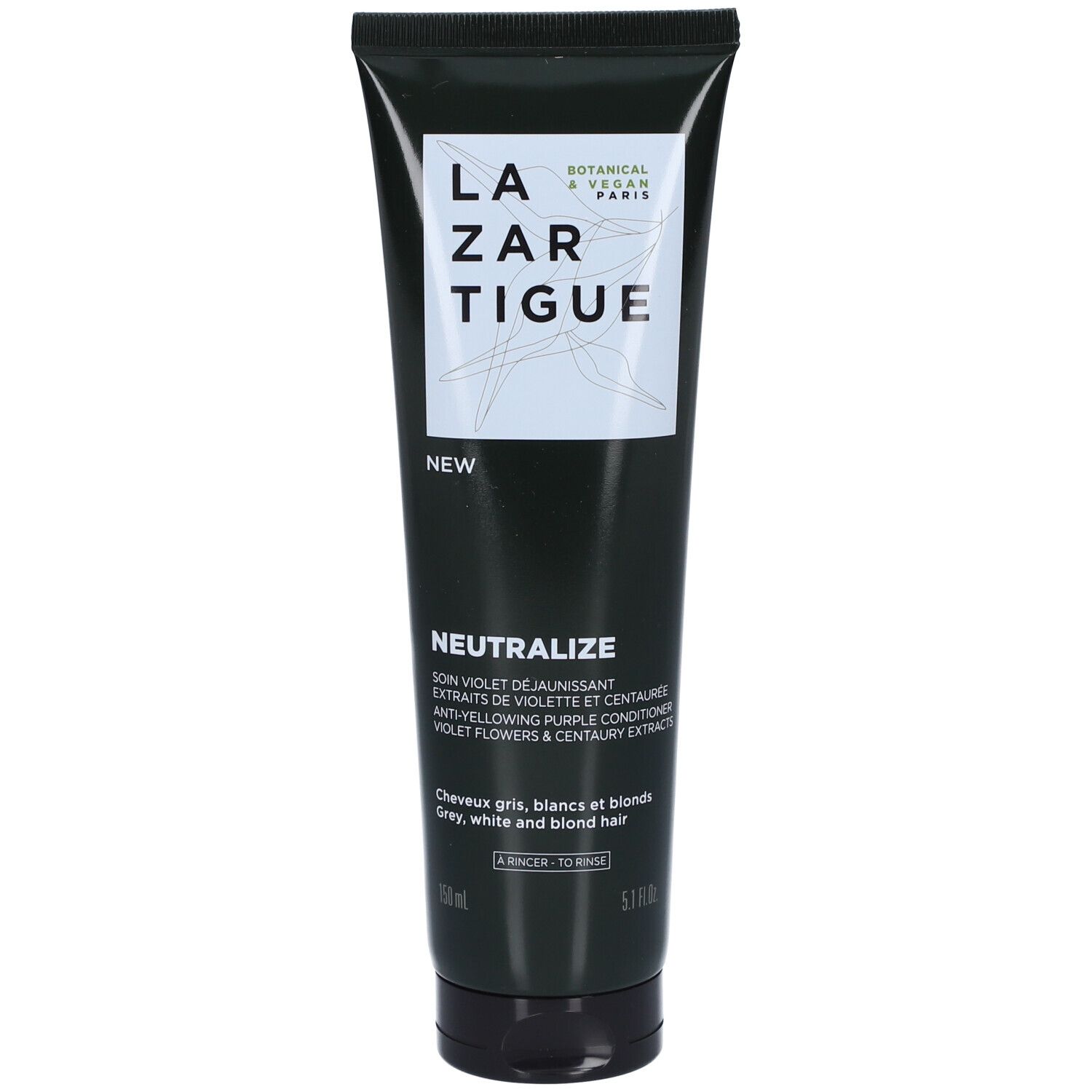 Tube vert foncé. Texte "LAZARTIGUE" et "NEUTRALISE". "Soin Violet Déjaunissant". Pour cheveux gris, blancs et blonds.