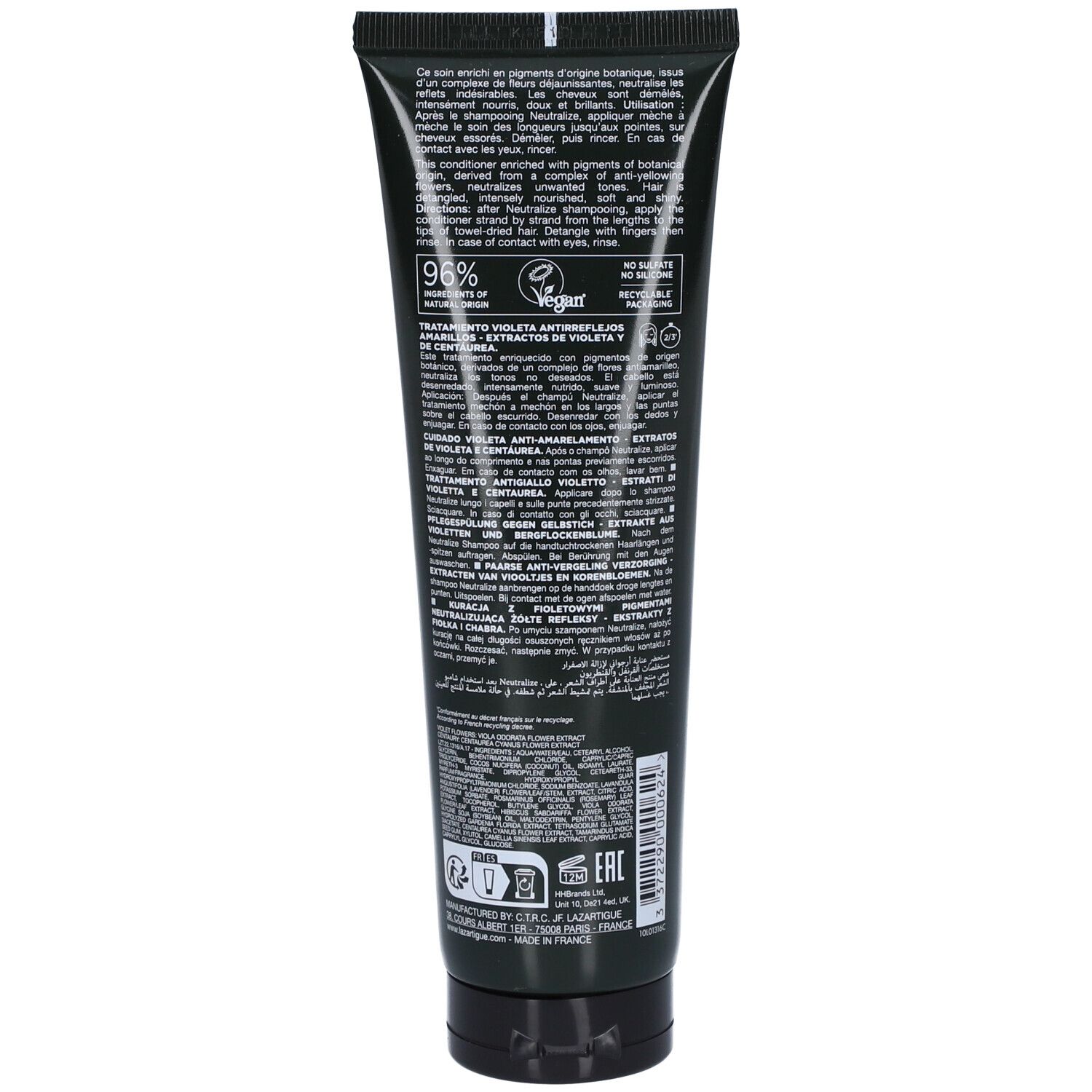 Dos d'un tube vert foncé. Texte multilingue. Logo vegan. 96% ingrédients d'origine naturelle.