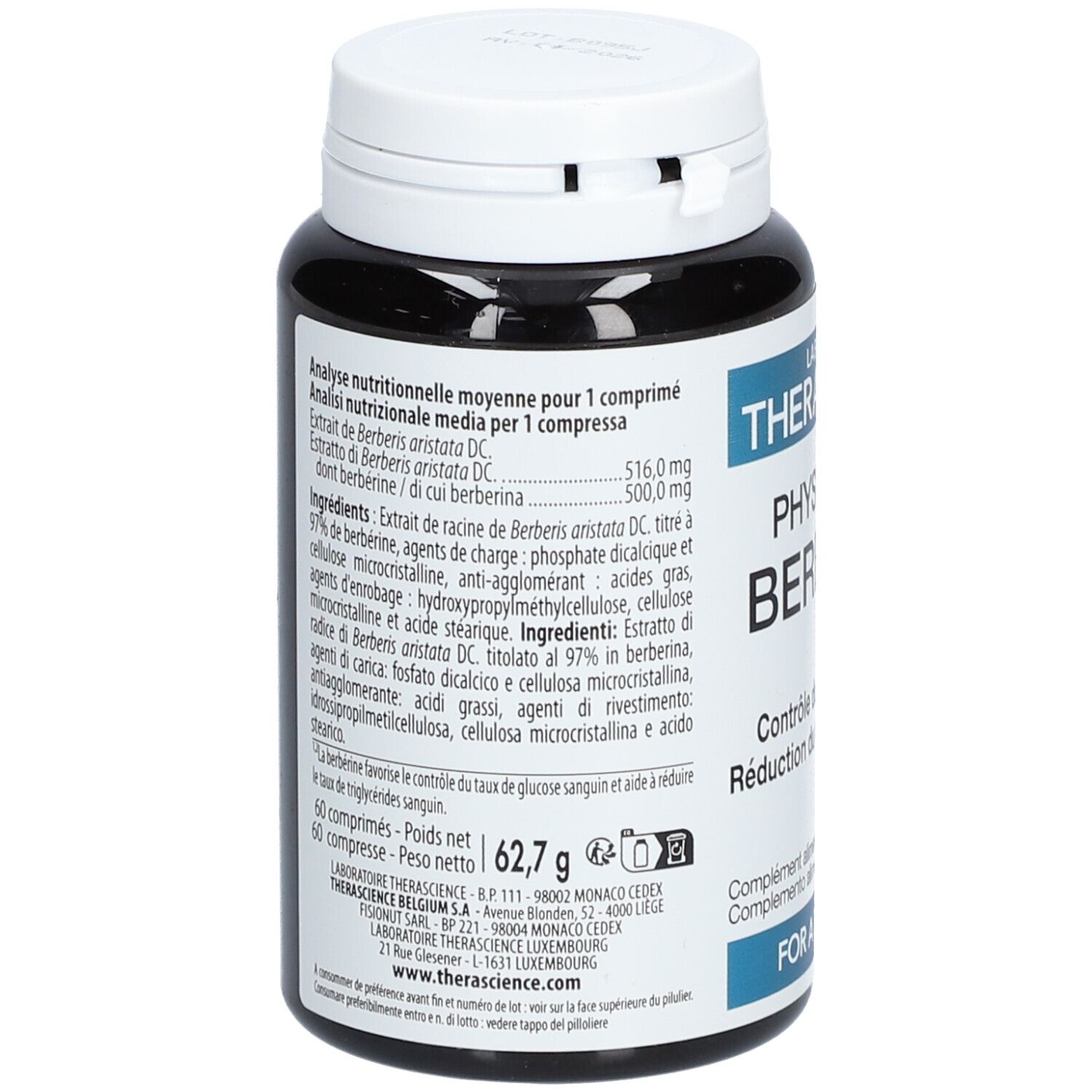 Achterkant van zwarte fles met witte dop. Bevat informatie over ingrediënten en voedingswaarde. 62,7 g.