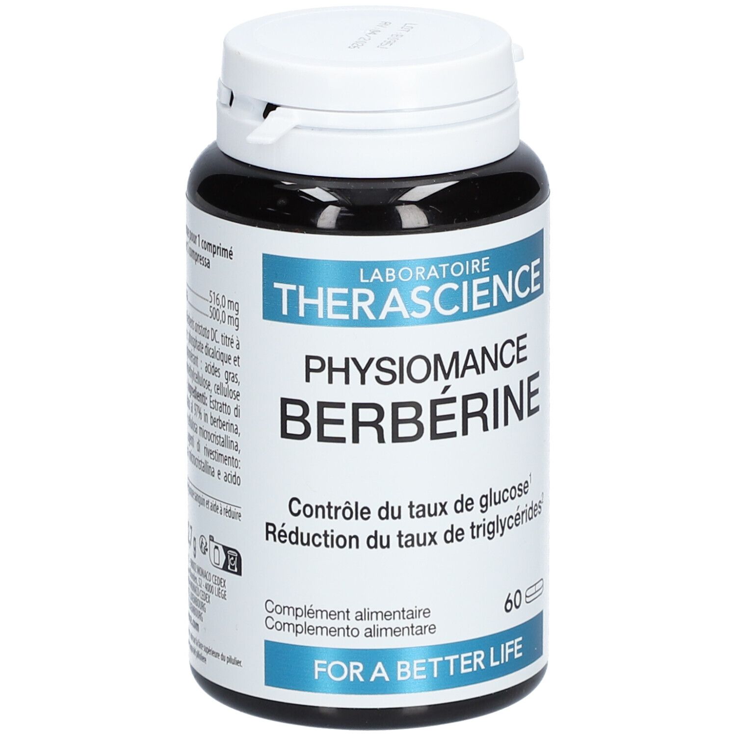 Zwarte fles met witte dop. Opschrift: Physiomance Berbérine. Bevat 60 capsules. Laboratoire Therascience.