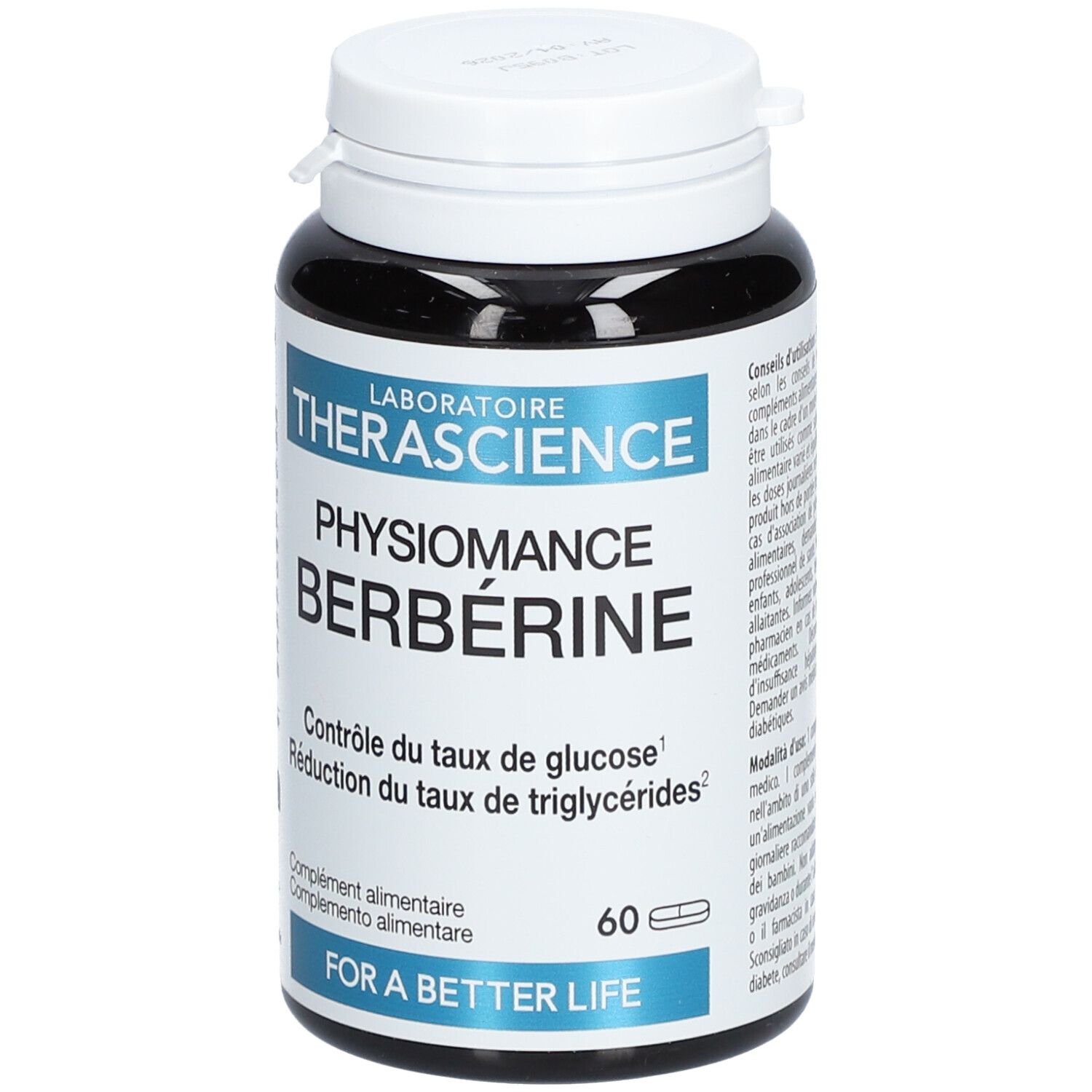Zwarte fles met witte dop. Opschrift: Physiomance Berbérine. Bevat 60 capsules. Laboratoire Therascience.