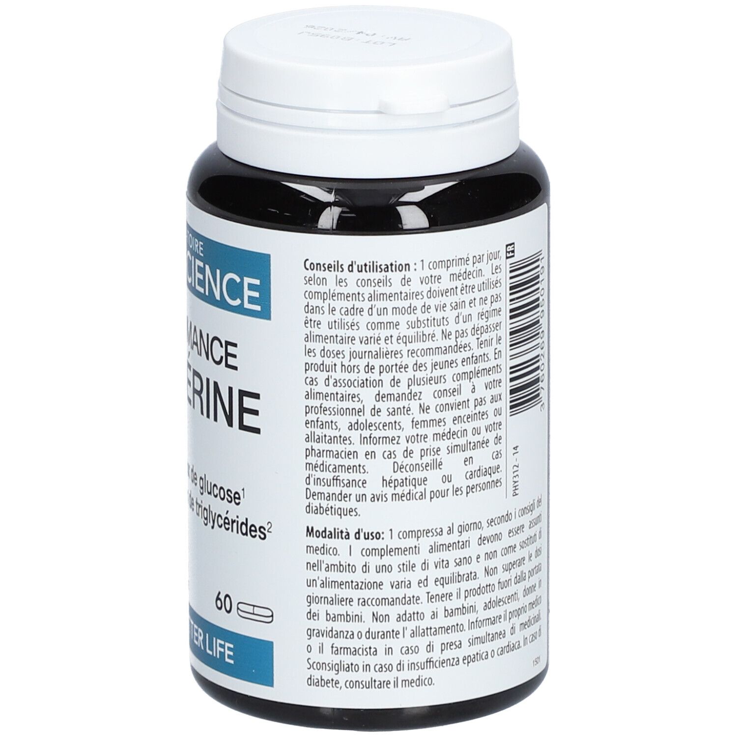 Zwarte fles met witte dop. Opschrift: Physiomance Berbérine. Bevat 60 capsules. Laboratoire Therascience.