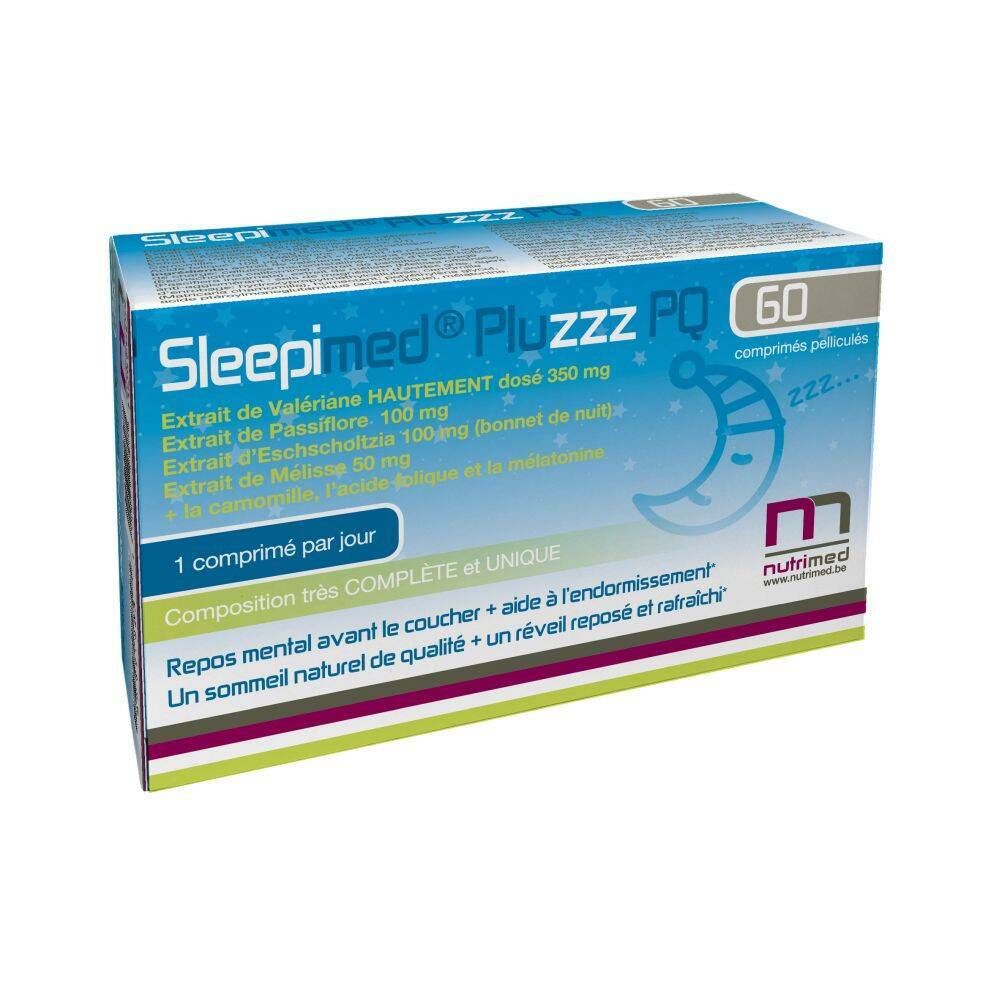 Boîte Sleepimed PluZZZ PQ, 60 comprimés. Emballage bleu avec nom du produit, ingrédients et logo Nutrimed.