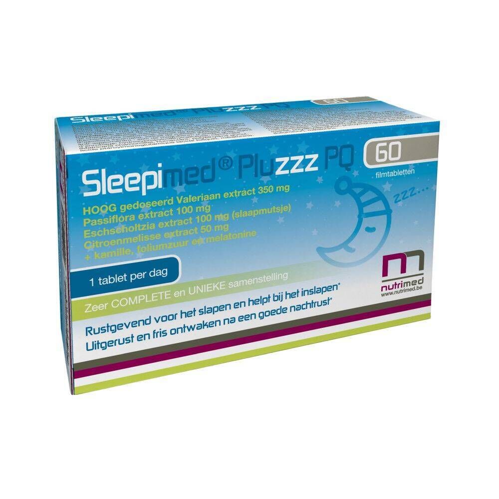 Doos Sleepimed PluZZZ PQ met 60 tabletten. Blauwe verpakking met productnaam, ingrediënten en Nutrimed logo.