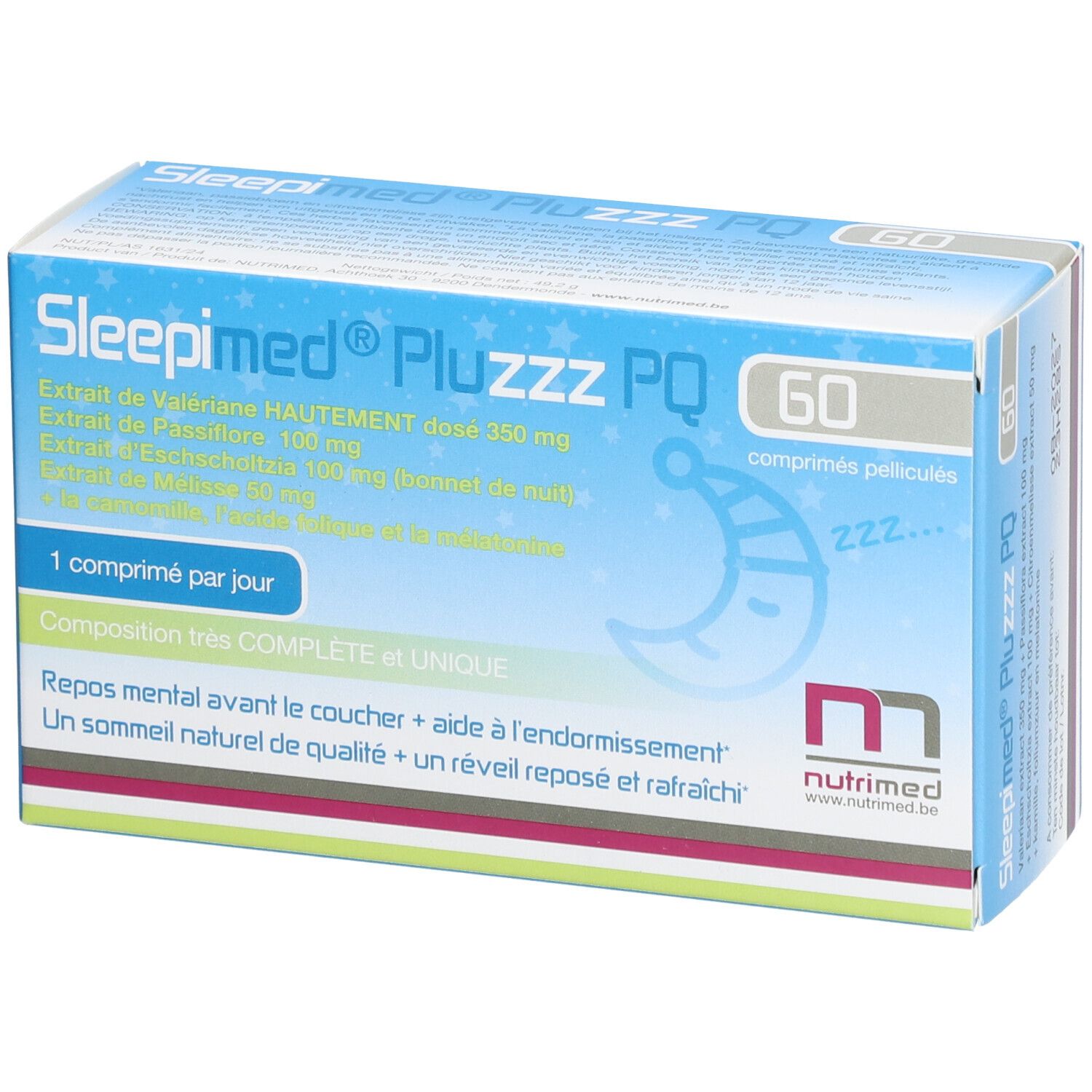 Doos Sleepimed PluZZZ PQ met 60 tabletten. Blauwe verpakking met productnaam, ingrediënten en Nutrimed logo.