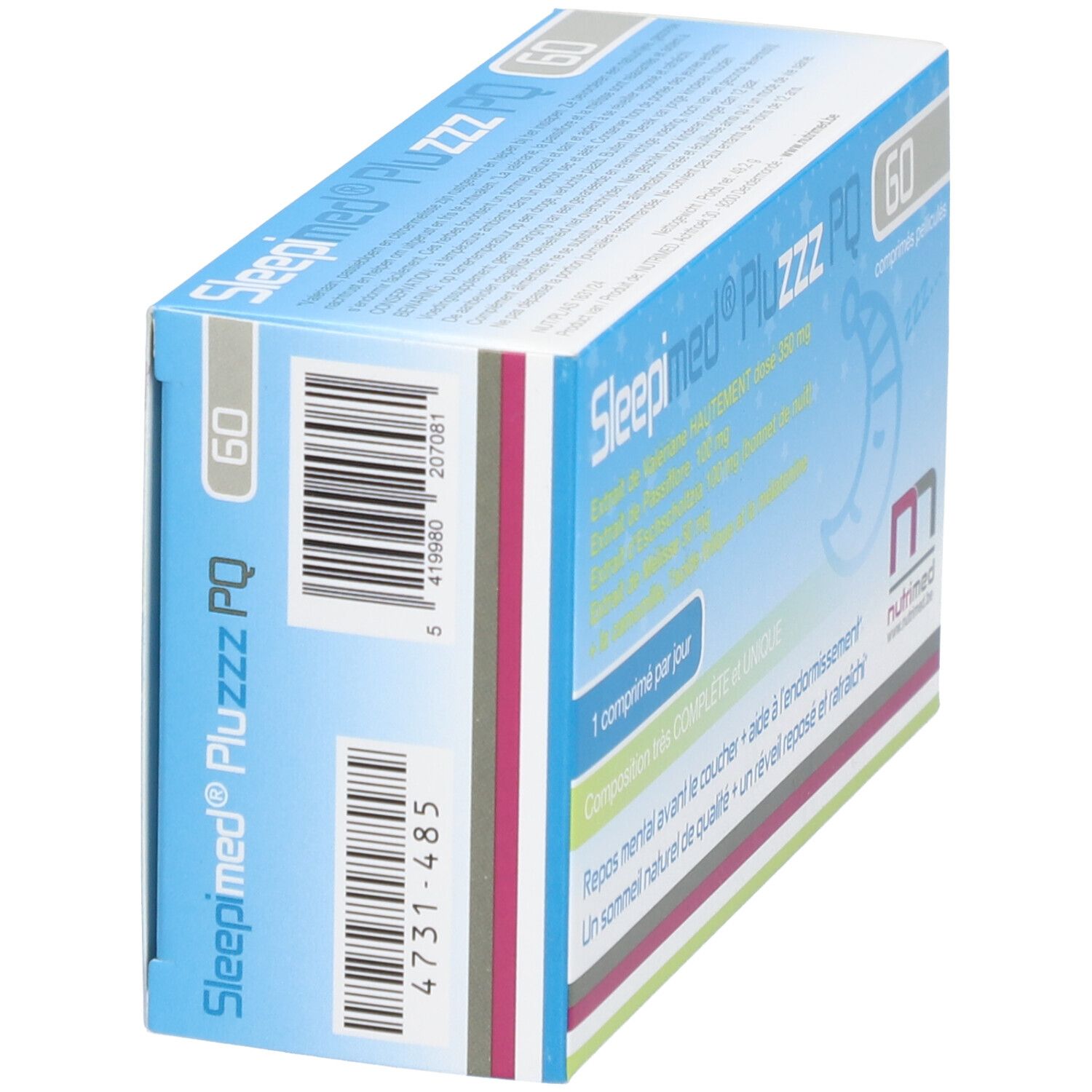 Zijkant van de doos Sleepimed PluZZZ PQ. Blauwe verpakking met productnaam, barcode en Nutrimed logo.