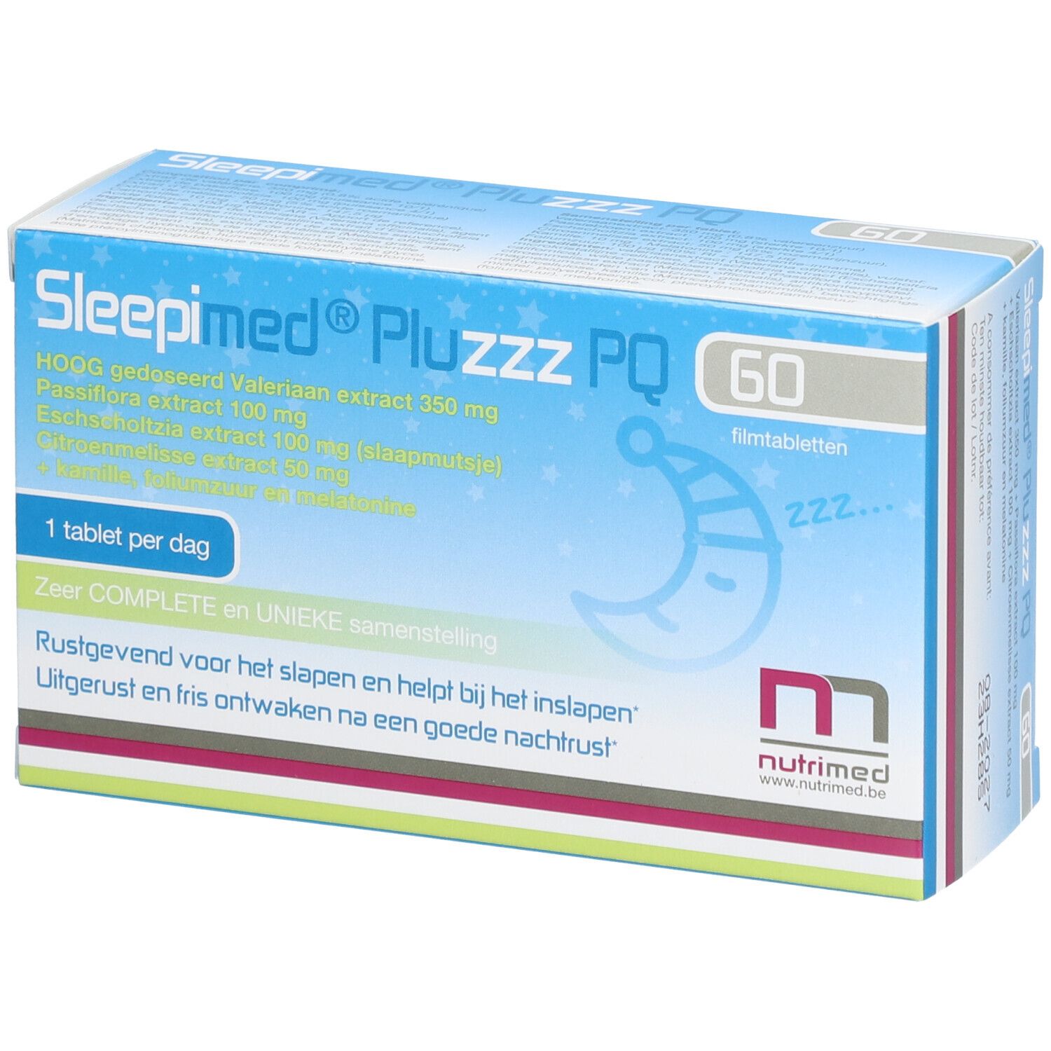 Doos Sleepimed PluZZZ PQ met 60 filmomhulde tabletten. Blauwe verpakking met productnaam, ingrediënten en logo.