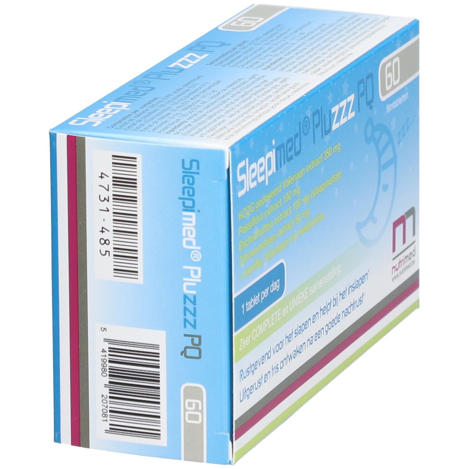 Zijkant van de doos Sleepimed PluZZZ PQ. Blauwe verpakking met productnaam, barcode en Nutrimed logo.