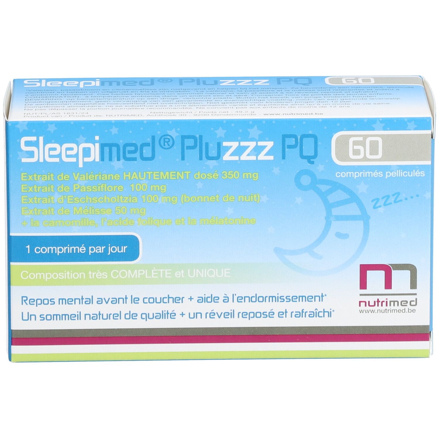 Doos Sleepimed PluZZZ PQ met 60 tabletten. Blauwe verpakking met productnaam, ingrediënten en Nutrimed logo.