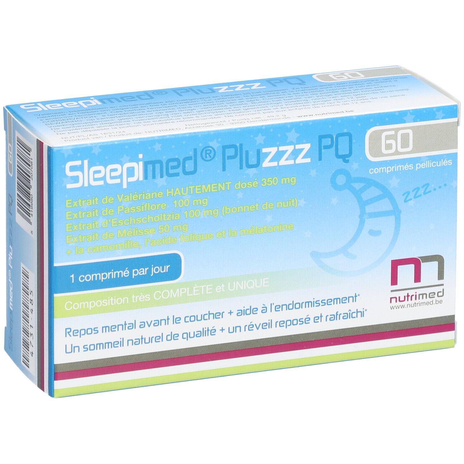 Doos Sleepimed PluZZZ PQ met 60 tabletten. Blauwe verpakking met productnaam, ingrediënten en Nutrimed logo.