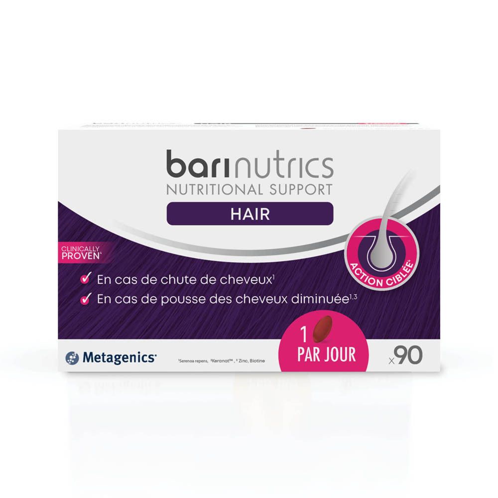 Pack Barinutrics Hair. Boîte blanche avec inscription: Nutritional Support, Hair, Direct Action. 90 gélules.