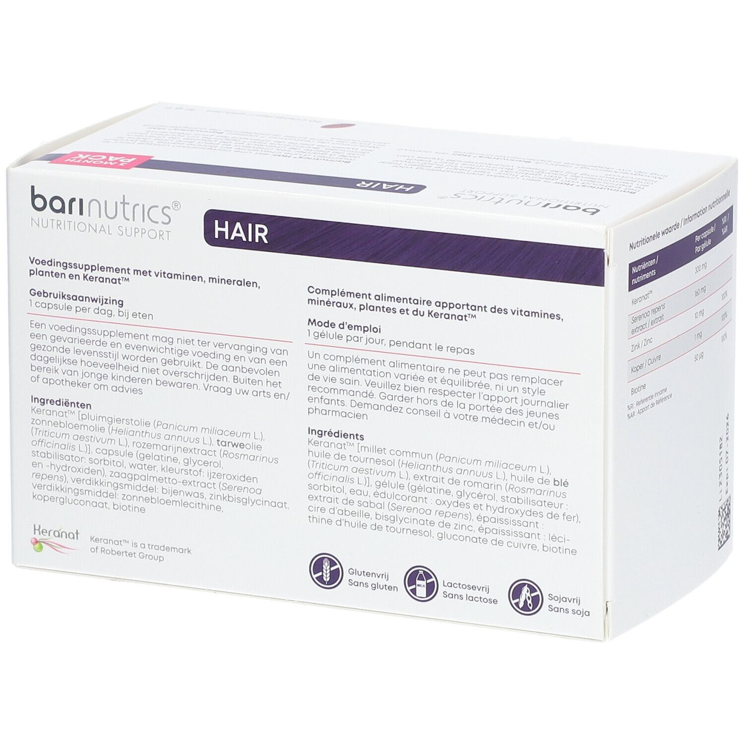 Dos de l'emballage Barinutrics Hair. Contient des informations sur les ingrédients et l'utilisation. Sans gluten.