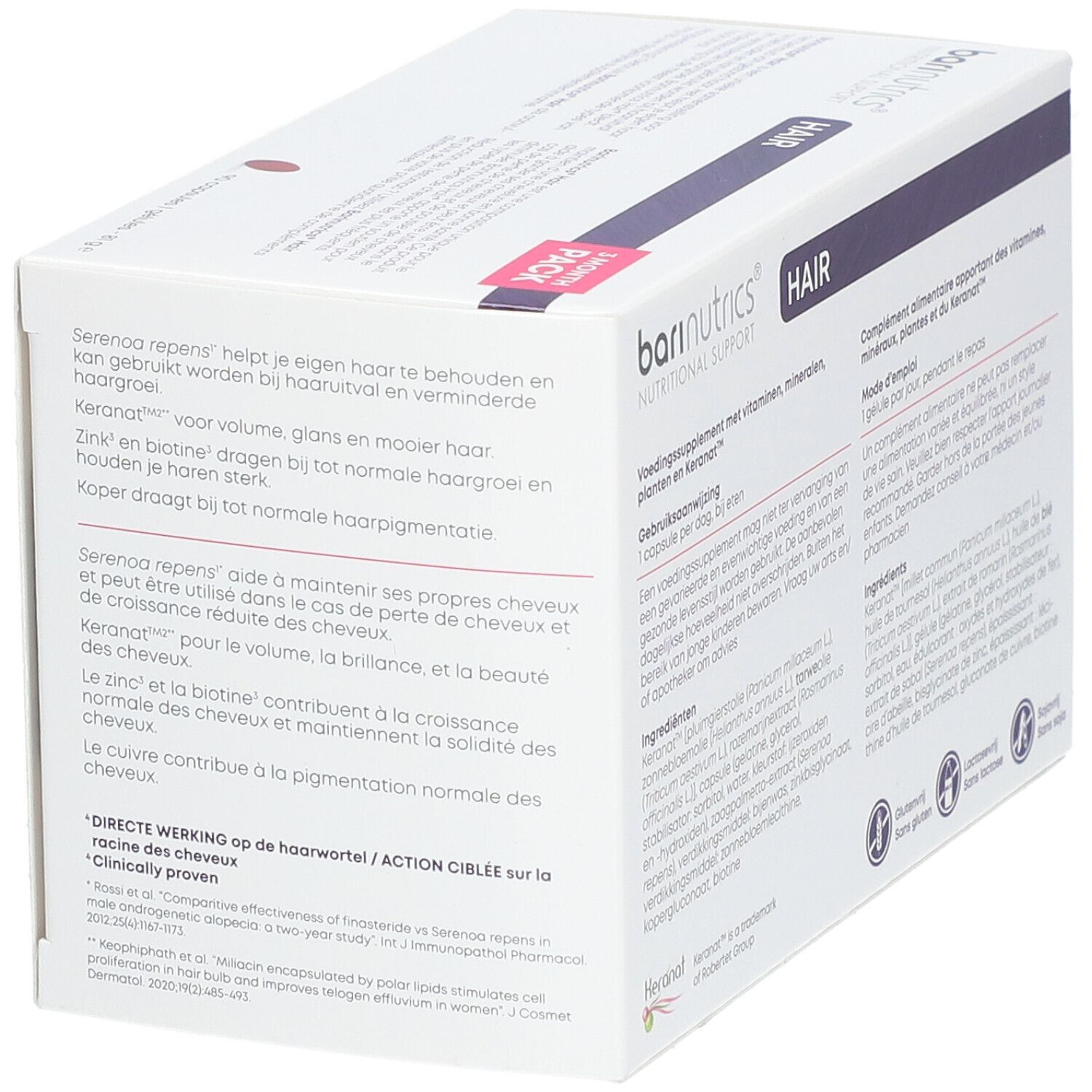 Dos de l'emballage Barinutrics Hair. Contient des informations sur les ingrédients et l'utilisation. Sans gluten.