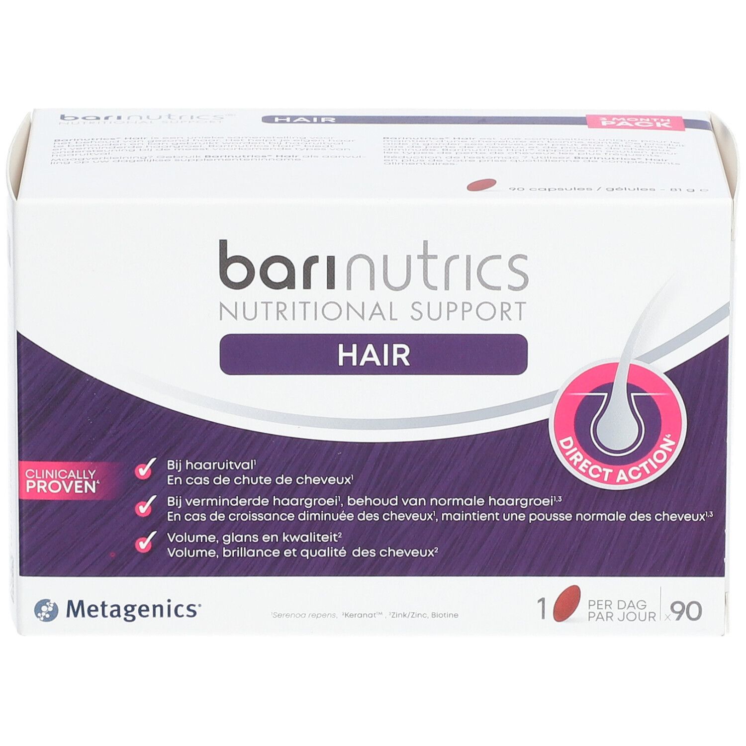 Pack Barinutrics Hair. Boîte blanche avec inscription: Nutritional Support, Hair, Direct Action. 90 gélules.