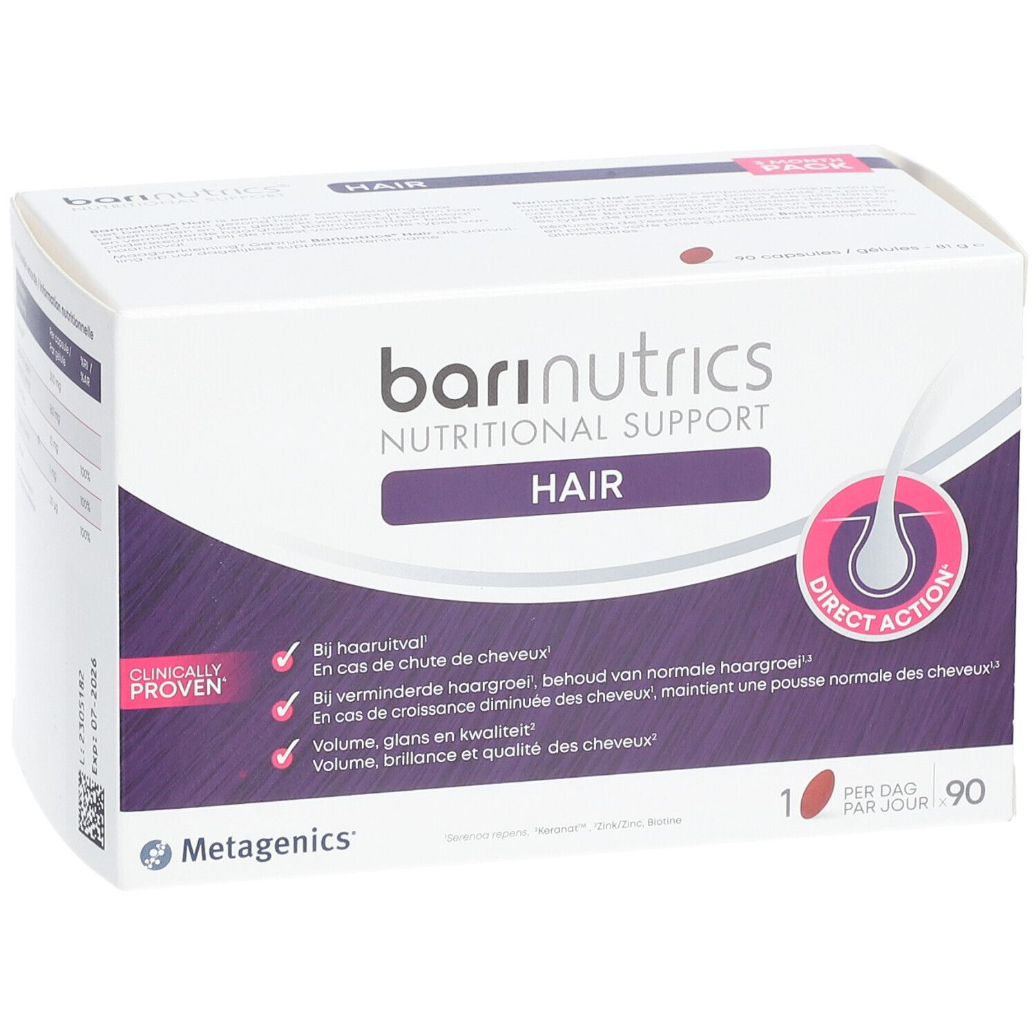 Pack Barinutrics Hair. Boîte blanche avec inscription: Nutritional Support, Hair, Direct Action. 90 gélules.