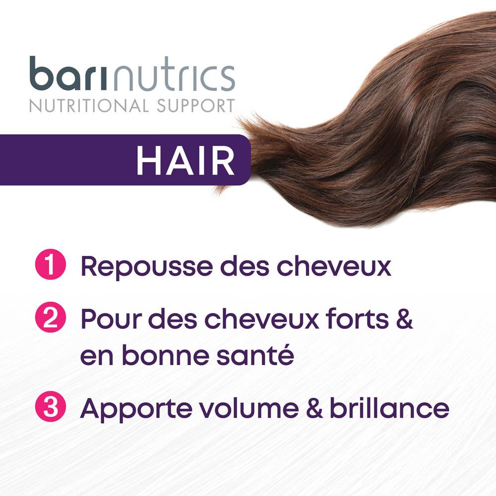 Graphique avec cheveux bruns et texte. 3 avantages: pousse des cheveux, cheveux forts, volume & brillance.