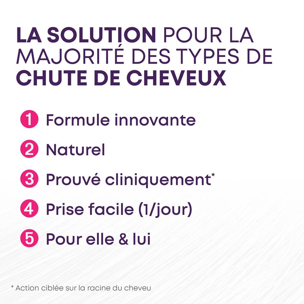 Graphique avec texte. La solution pour la perte de cheveux. 5 avantages: formule innovante, naturel, prouvé.