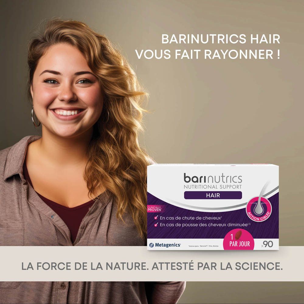 Femme aux cheveux blonds et pack Barinutrics Hair. Texte: Barinutrics Hair vous fait rayonner!