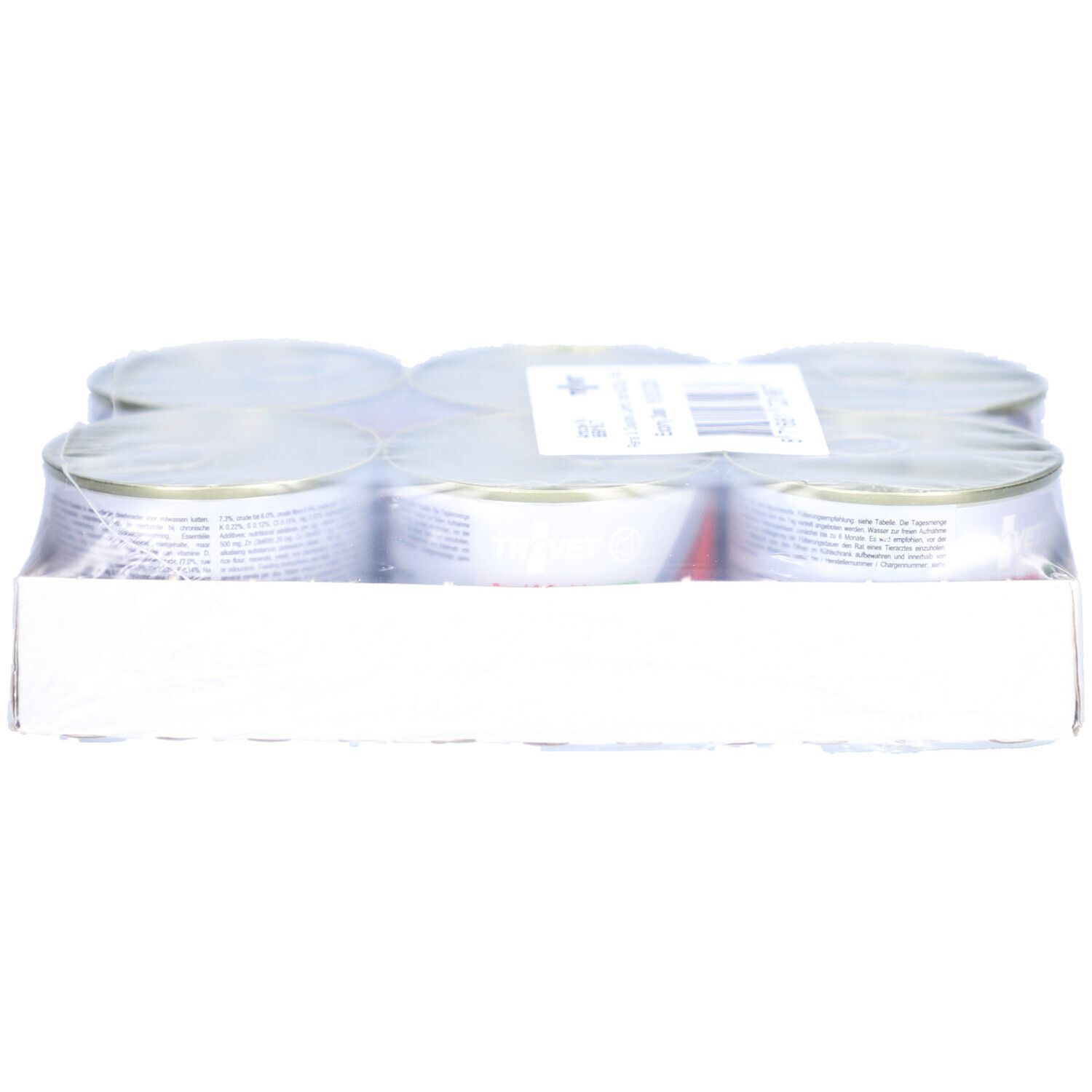Sechs Dosen Tiernahrung, in Folie verpackt. Sichtbar: Deckel, Etikett, Verpackung. Aufschrift: Trovet.