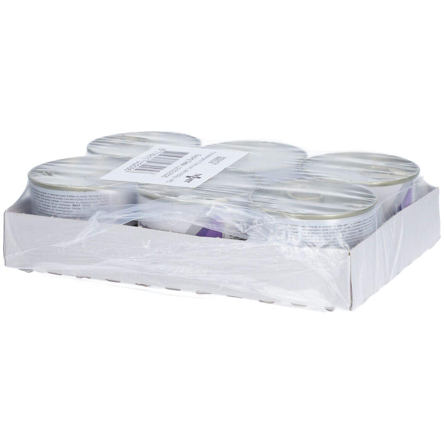 Zes blikken diervoeding in een witte verpakking, verpakt in plastic folie. Barcode aan de bovenkant.