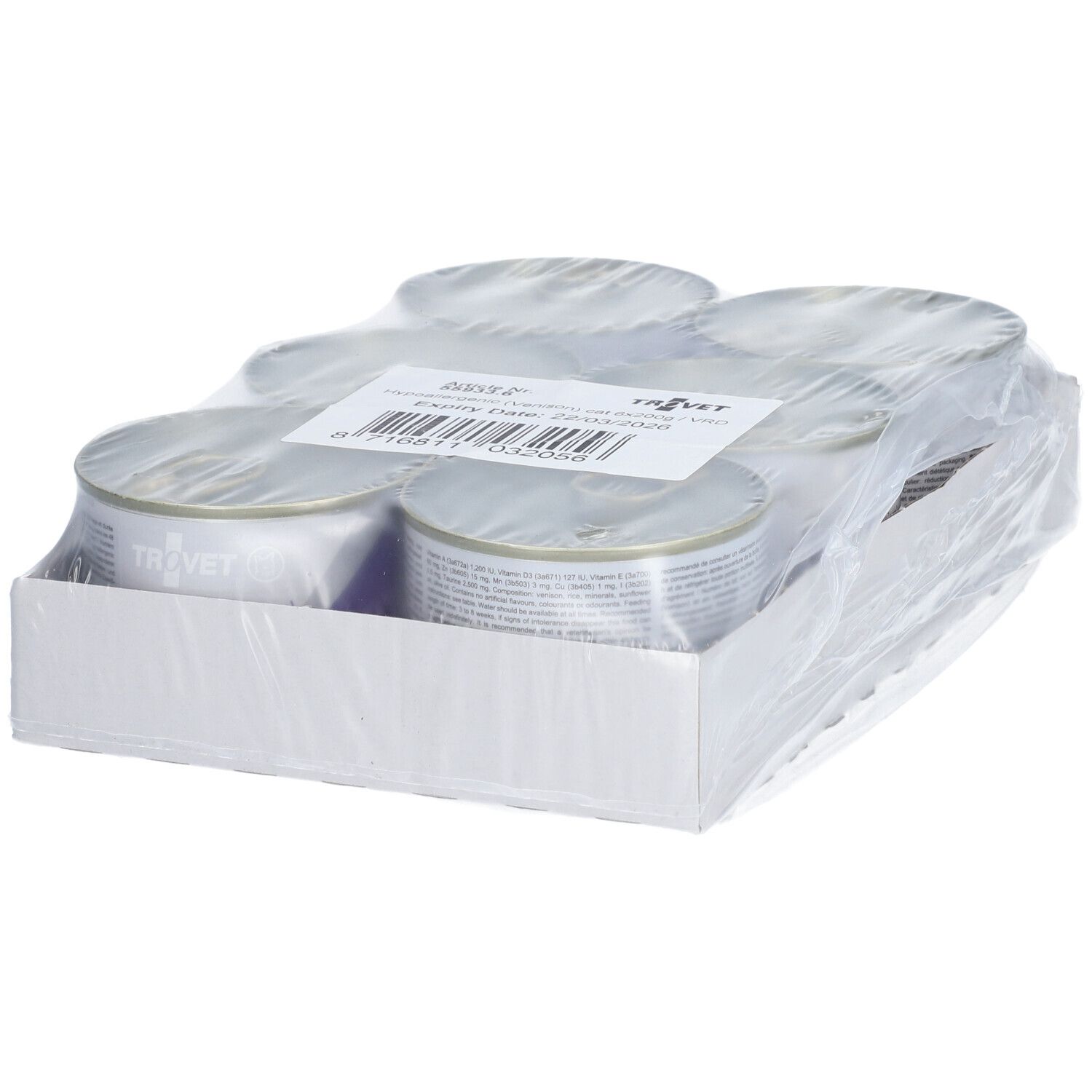 Zes blikken diervoeding in een witte verpakking, verpakt in plastic folie. Barcode en tekst aan de bovenkant.
