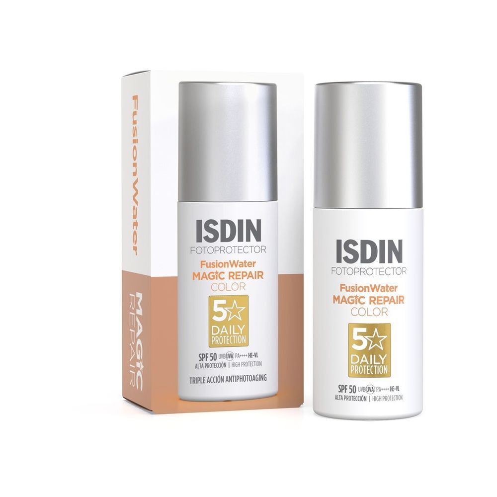 ISDIN Fotoprotector Fusion Water Magic Repair Farbe SPF50. Weiße Flasche mit silbernem Deckel, in Verpackung.