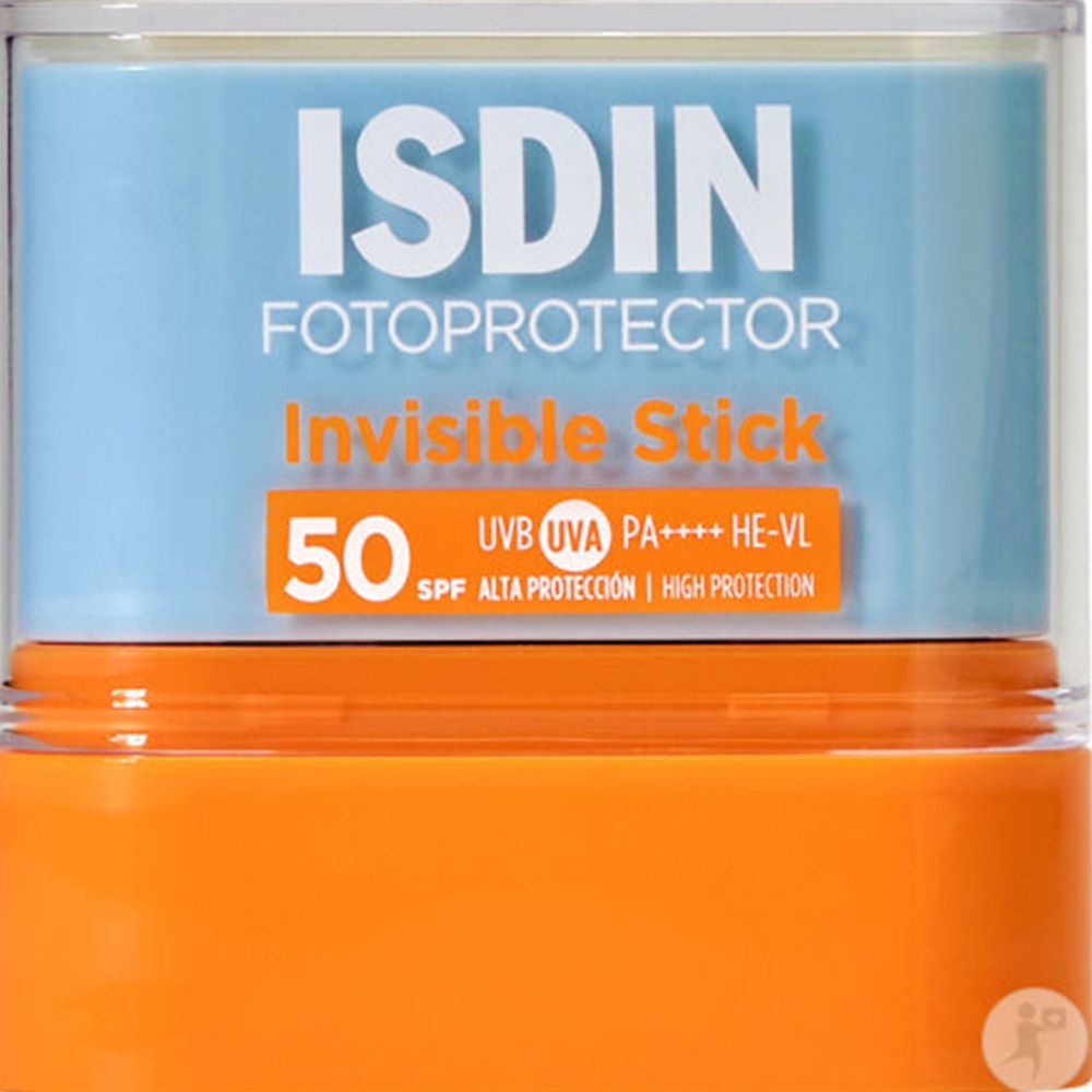 Stick de protection solaire. Emballage bleu et orange. Texte: ISDIN Fotoprotector Invisible Stick SPF50.