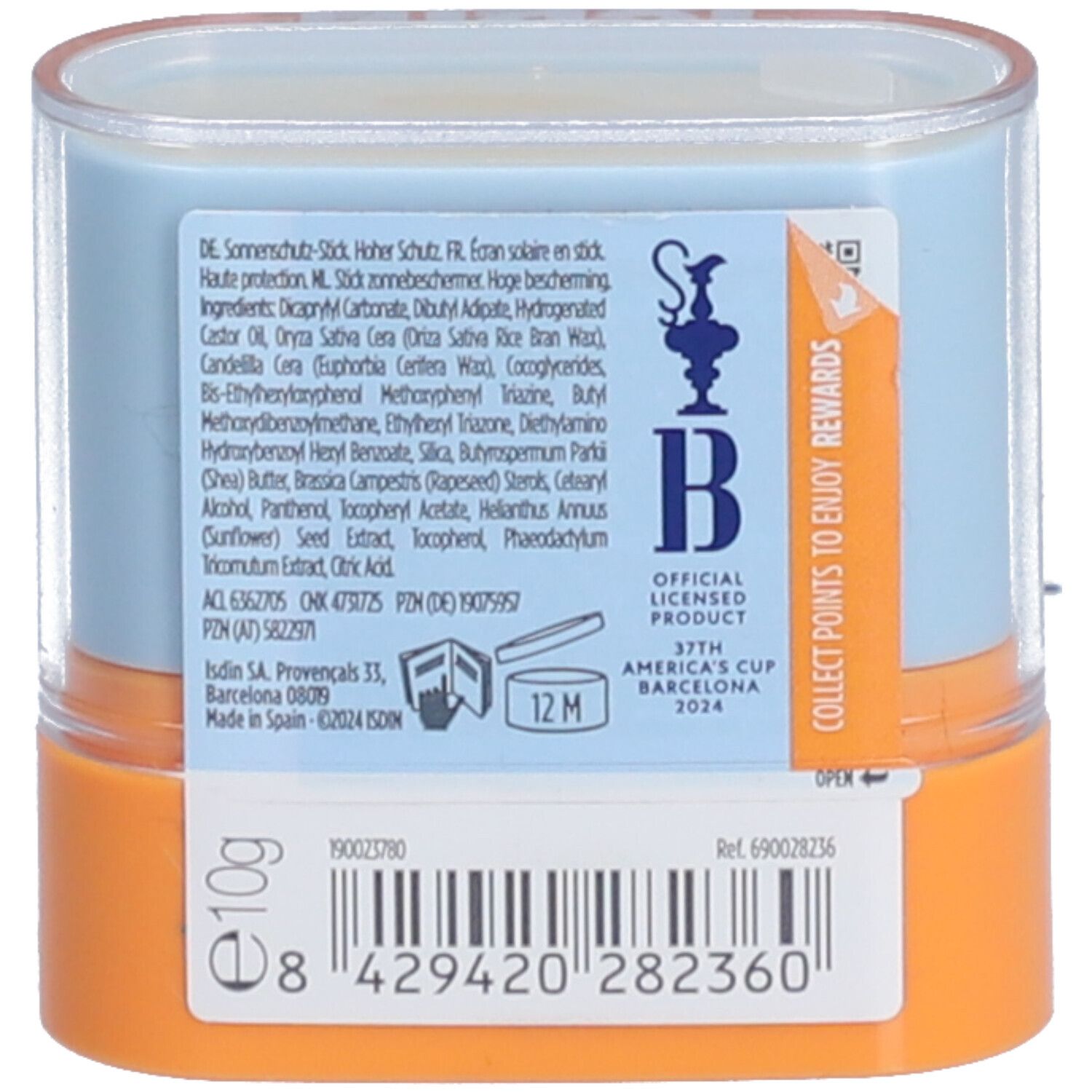 Rückseite des ISDIN Fotoprotector Invisible Stick. Text und Inhaltsstoffe. 10g. 12M Symbol.