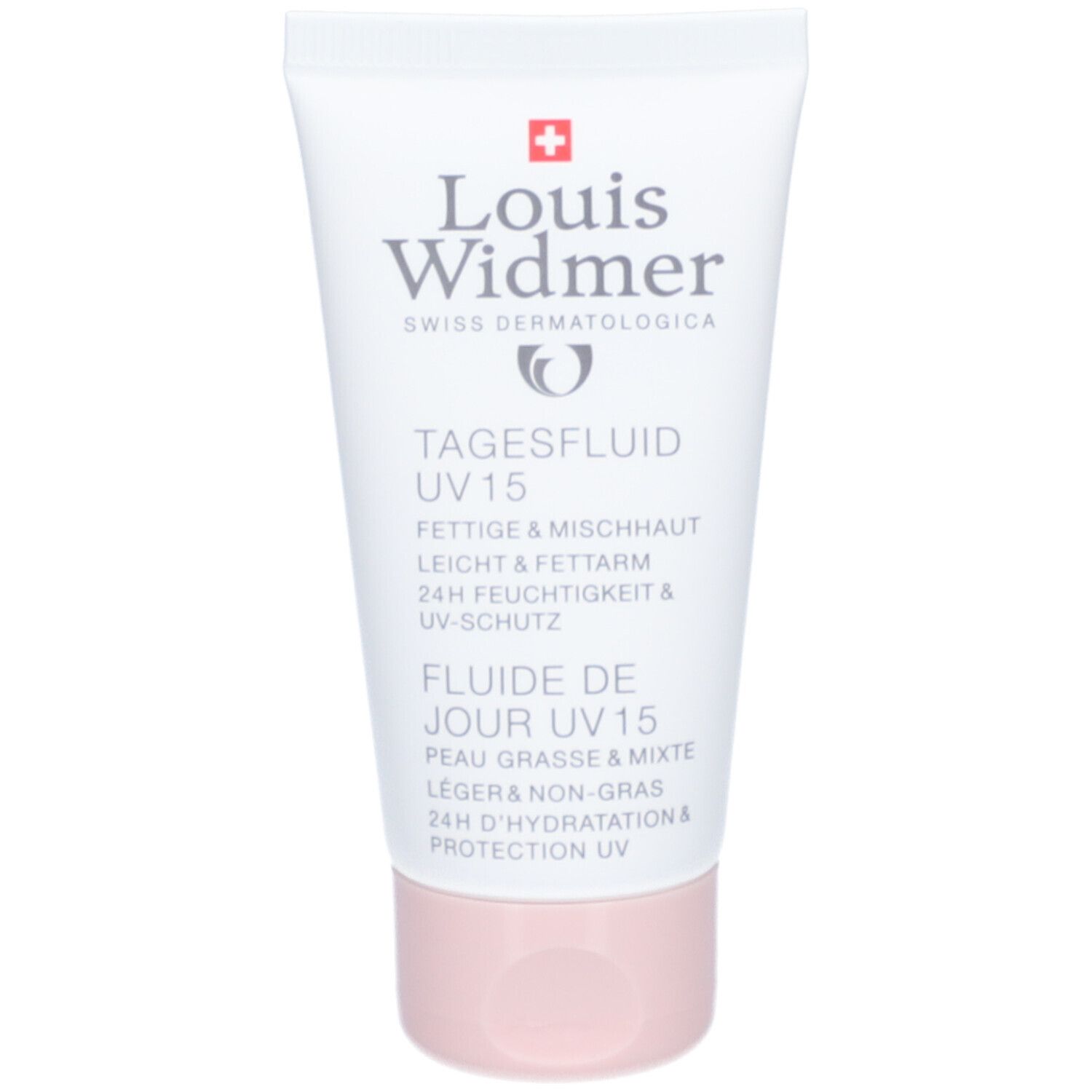 Tube blanc et rose avec texte. Logo: Louis Widmer, croix suisse. Fluide de jour UV 15, pour peaux grasses et mixtes.