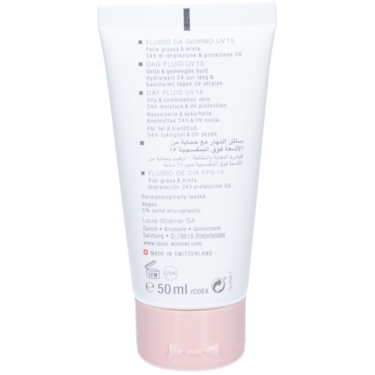 Dos du tube. Informations produit multilingues. Logo: Louis Widmer. Ingrédients, 50 ml, vegan, fabriqué en Suisse.