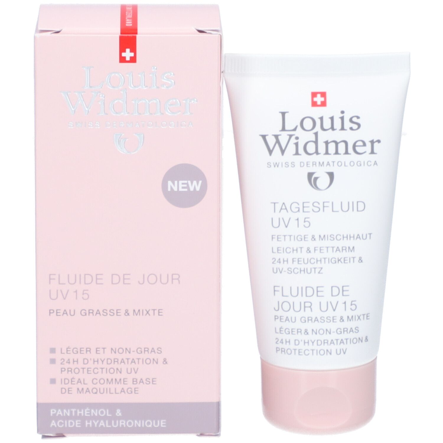 Emballage du produit. Boîte et tube roses. Logo: Louis Widmer, croix suisse. Fluide de jour UV 15, pour peaux grasses et mixtes.