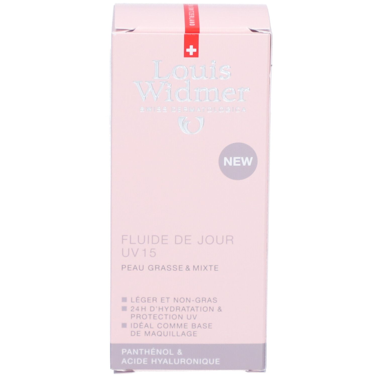 Boîte rose. Logo: Louis Widmer, croix suisse. Fluide de jour UV 15, pour peaux grasses et mixtes. Avec autocollant « NEW ».