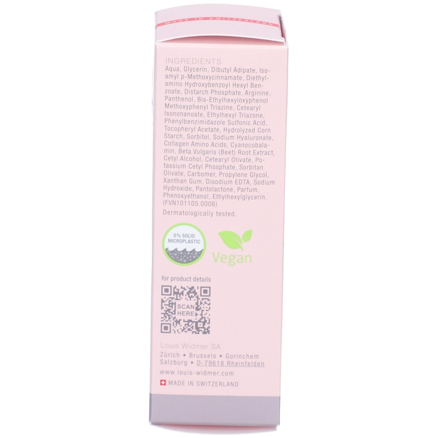 Vue latérale de la boîte. Ingrédients, vegan, 5% microplastiques. Code QR. Logo: Louis Widmer. Fabriqué en Suisse.