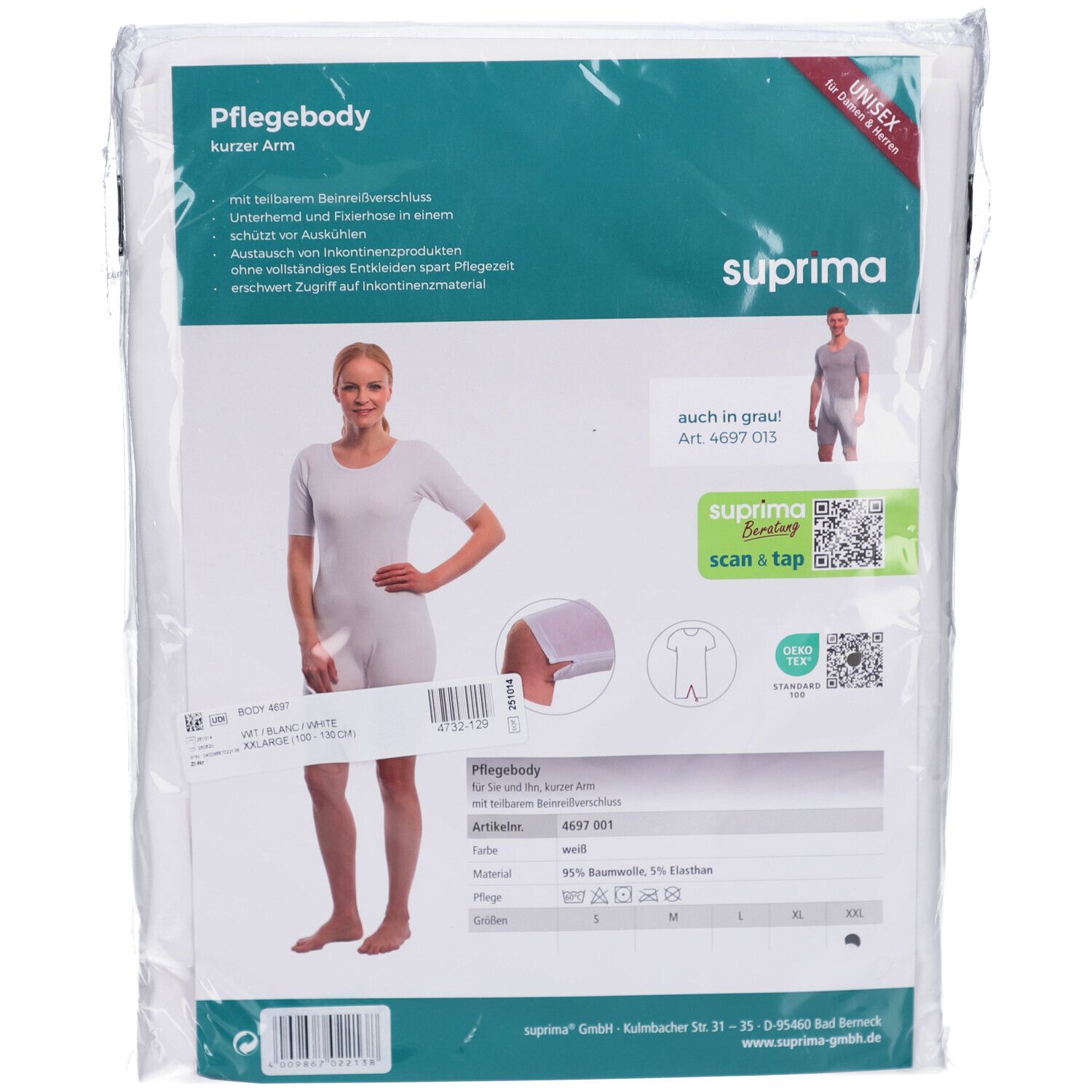 Weißer Pflegebody mit kurzem Arm in Verpackung. Marke suprima. Aufdrucke: Unisex, scan & tap, Öko-Tex.