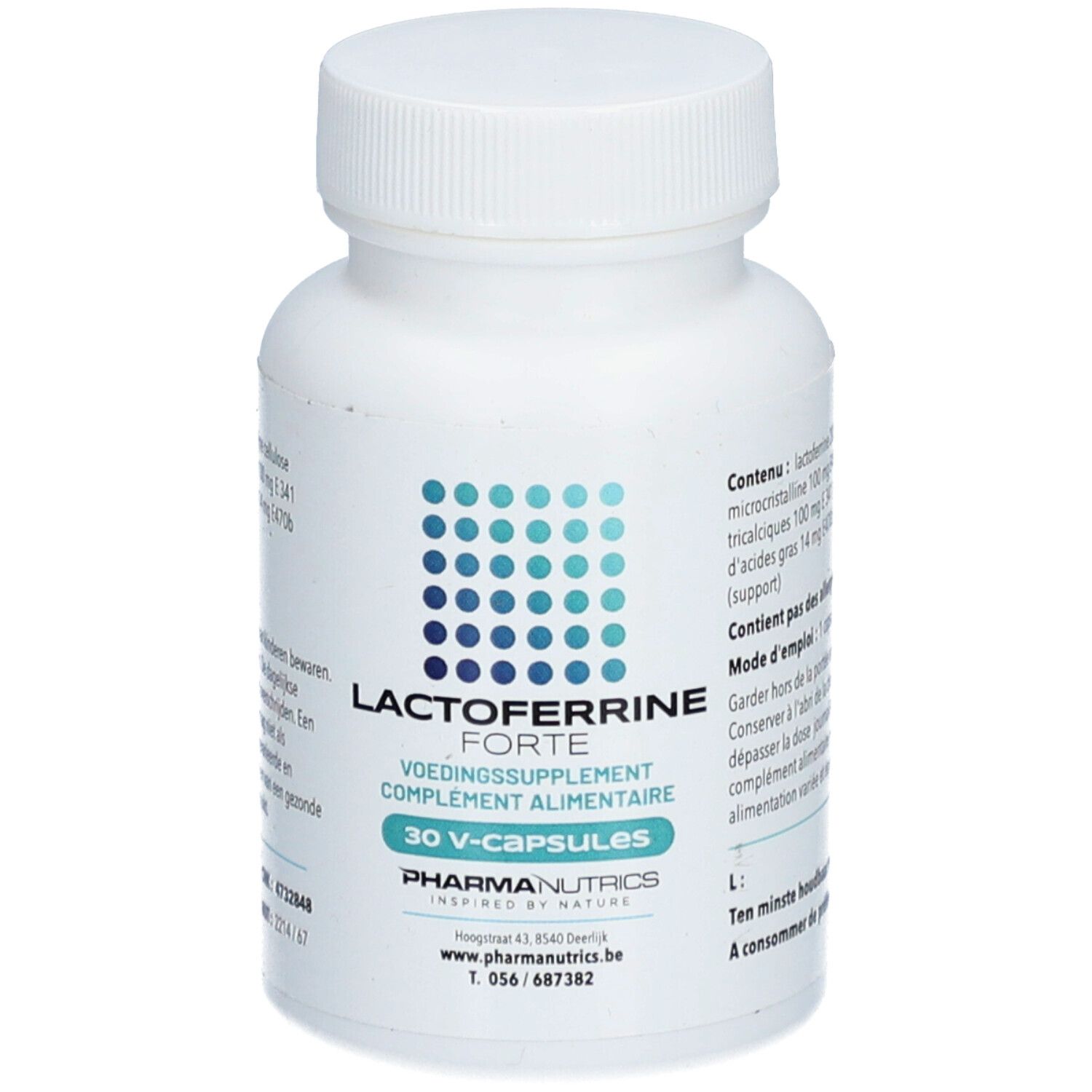 Witte fles met capsules. Opschrift: Lactoferrine Forte, 30 V-capsules. PharmaNutrics logo.