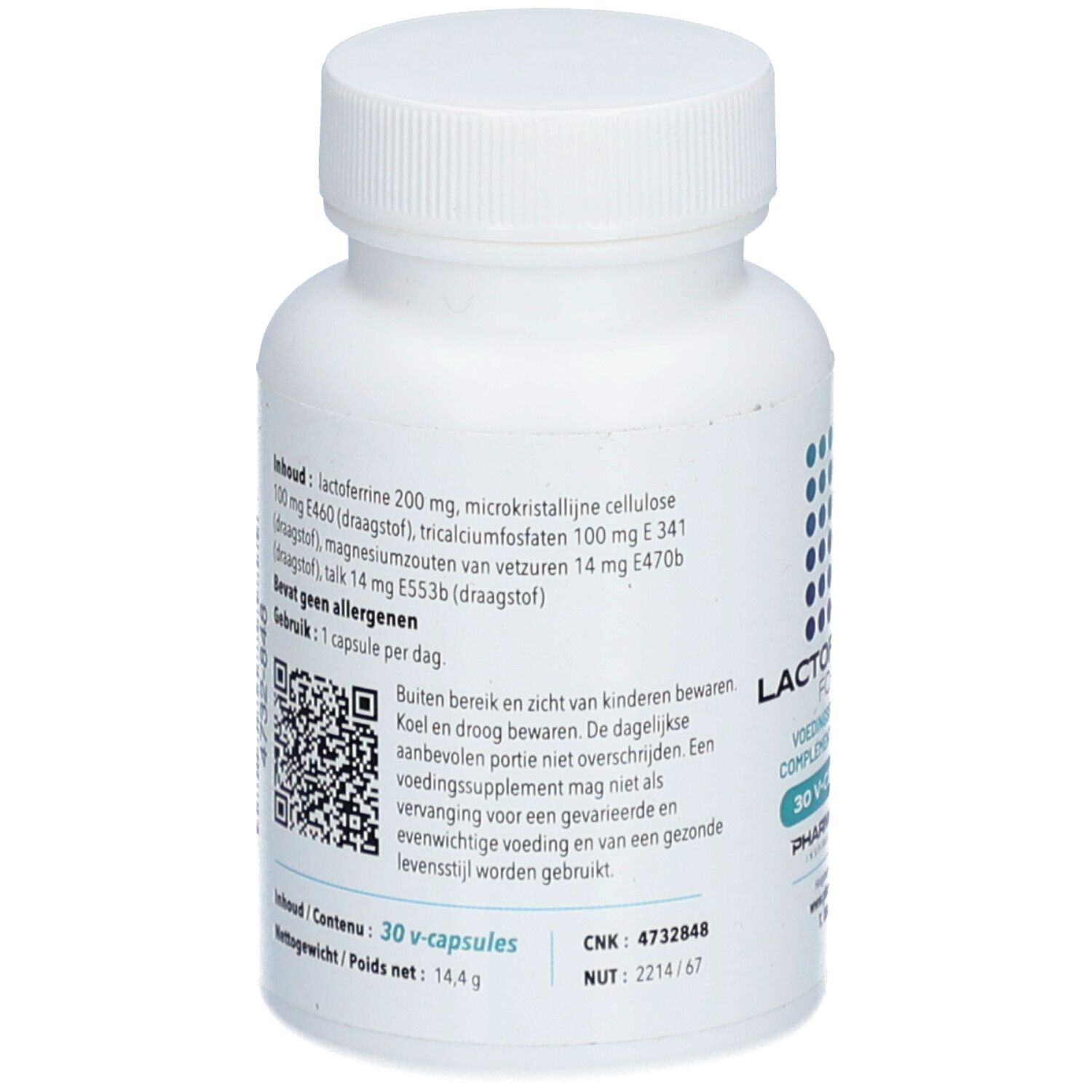 Achterkant van de witte fles met ingrediënten en QR-code. Bevat lactoferrine.