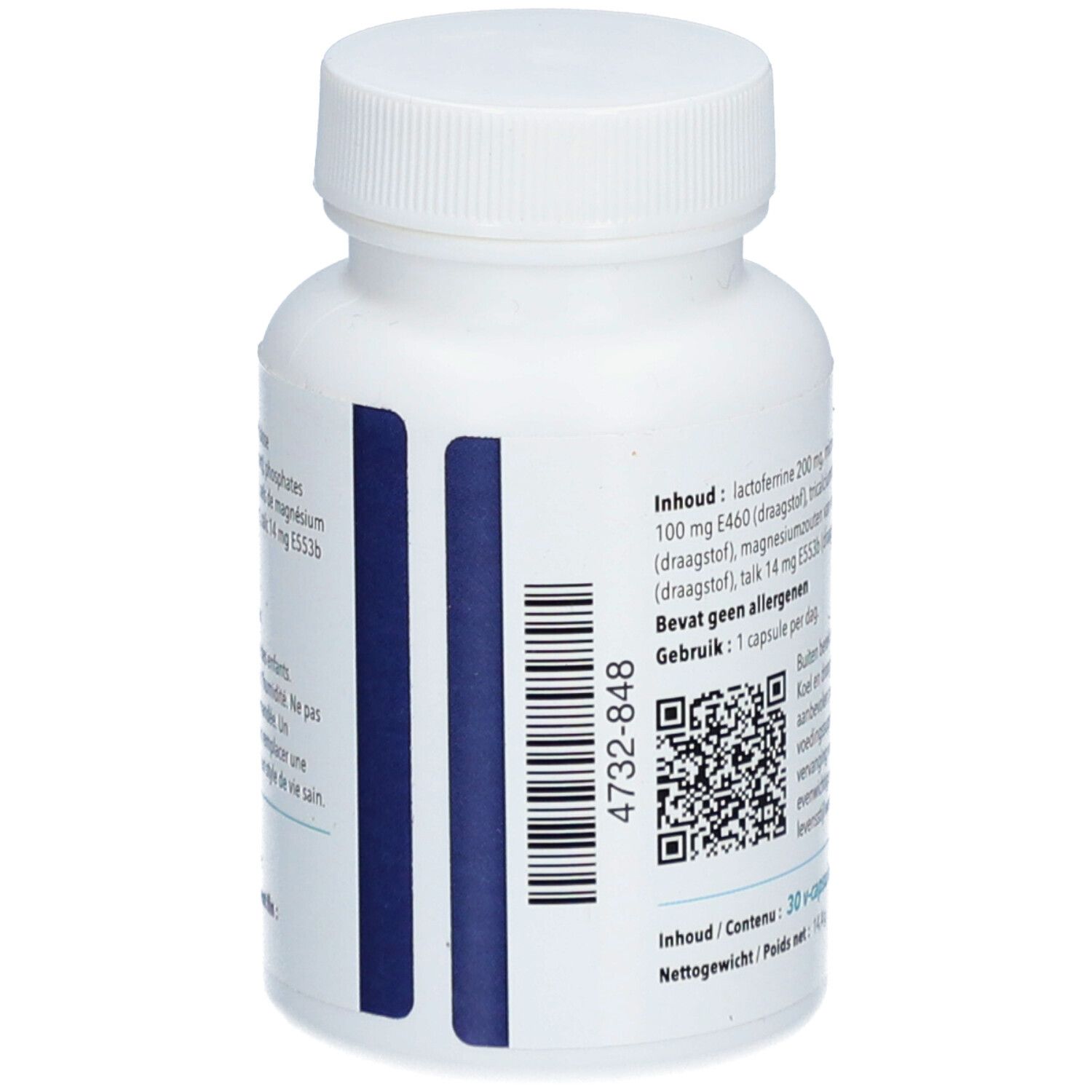 Achterkant van de witte fles met ingrediënten en QR-code. Bevat lactoferrine.
