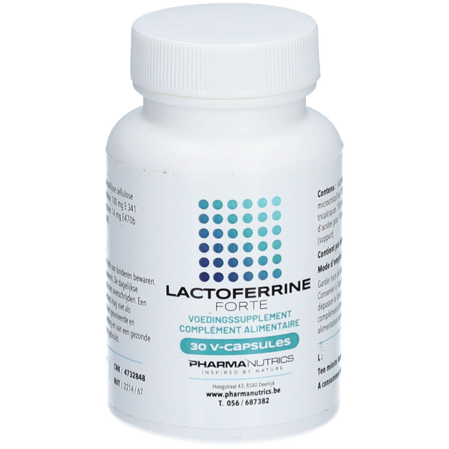 Witte fles met capsules. Opschrift: Lactoferrine Forte, 30 V-capsules. PharmaNutrics logo.