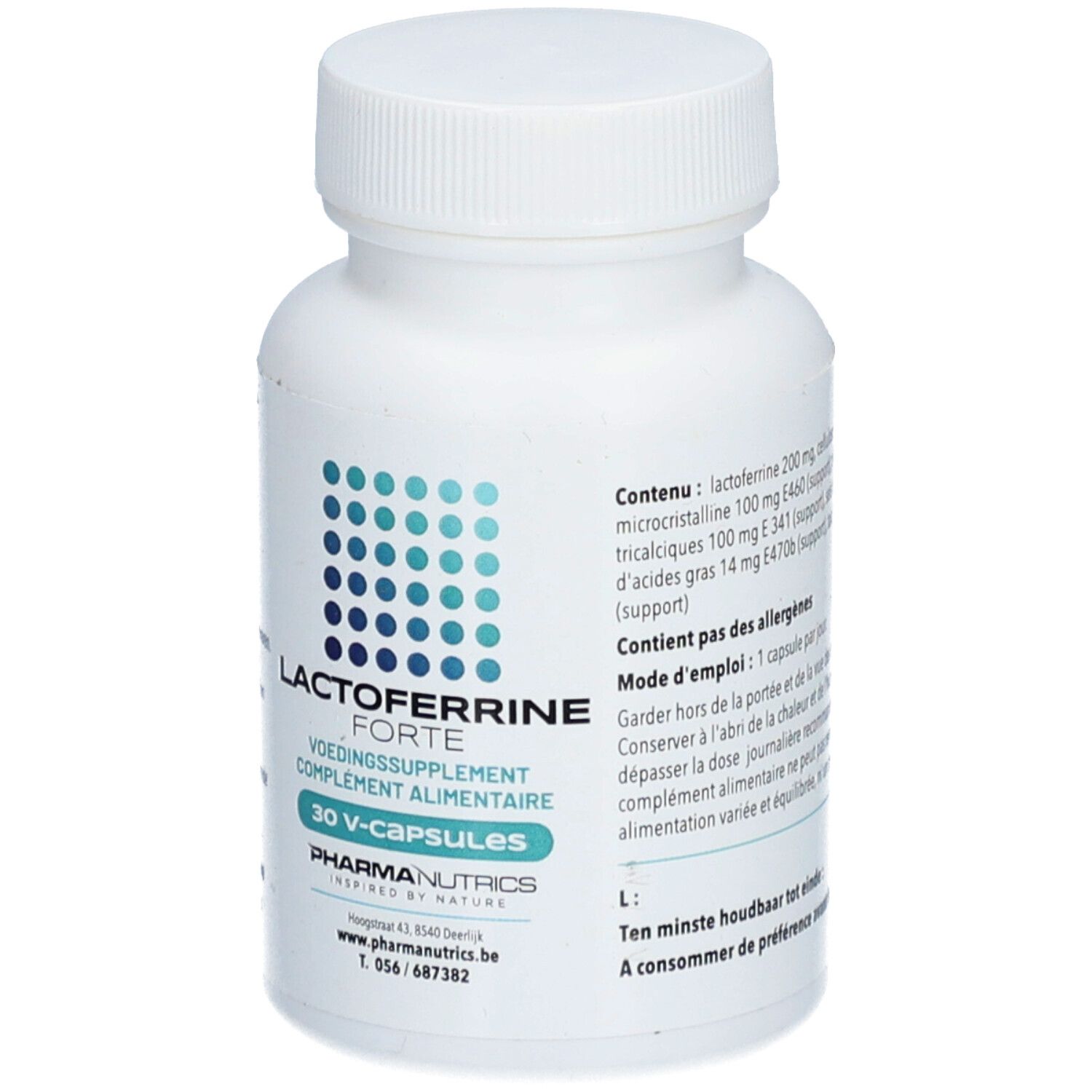 Witte fles met capsules. Opschrift: Lactoferrine Forte, 30 V-capsules. PharmaNutrics logo.