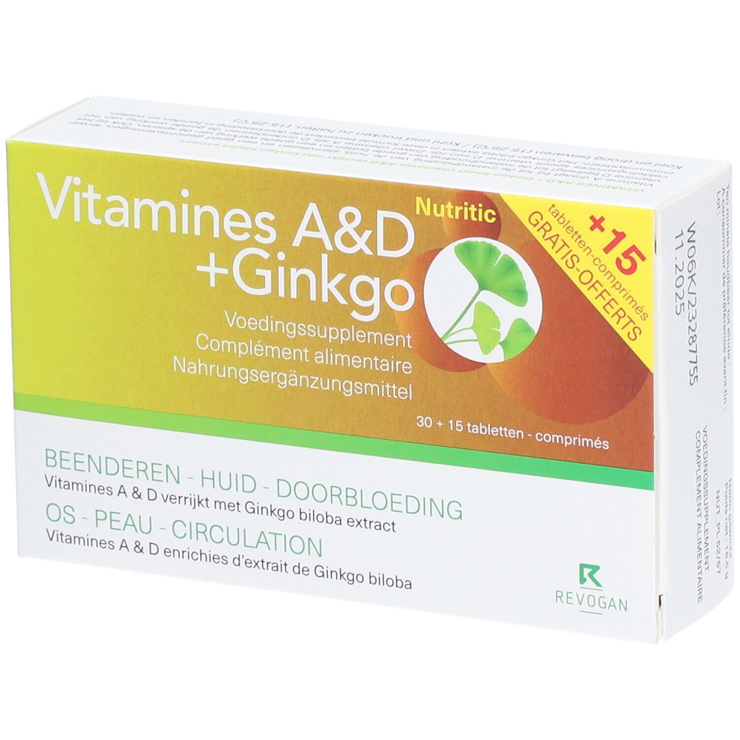 Boîte de Nutritic Vitamines A & D Ginkgo. Emballage jaune et blanc avec nom du produit et illustration de feuille de ginkgo.