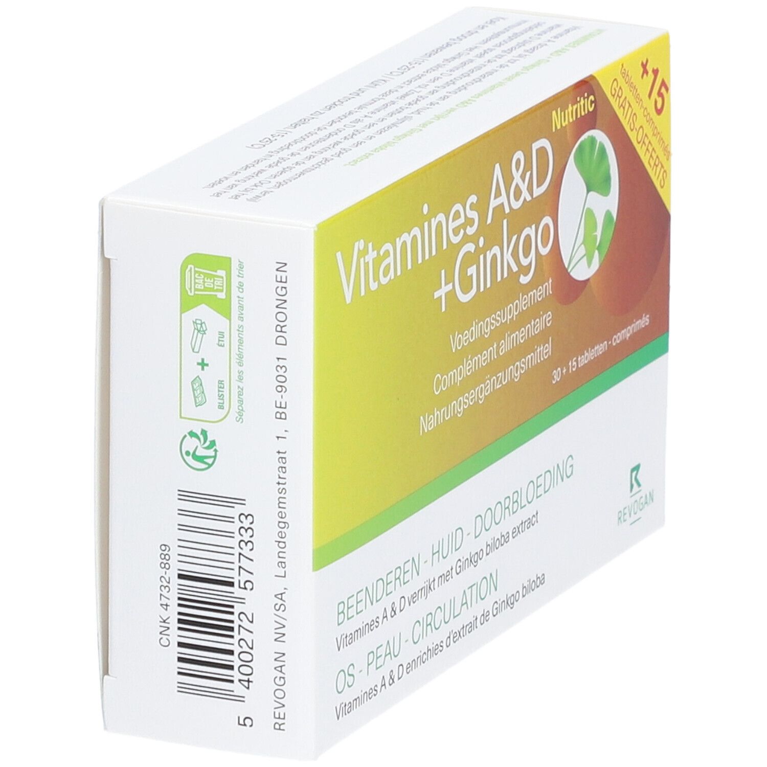 Boîte Nutritic Vitamines A & D Ginkgo. Vue latérale avec nom du produit, adresse et symboles de recyclage.