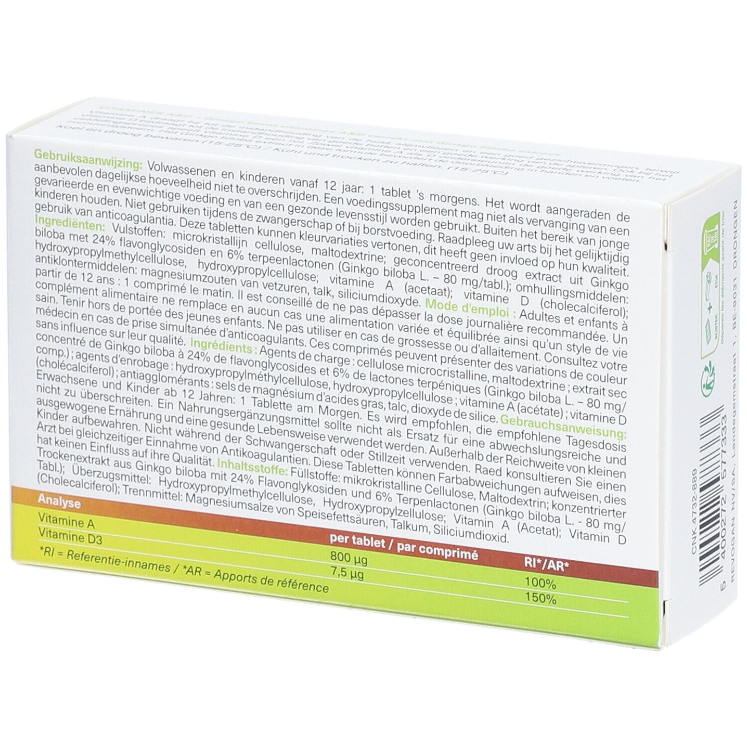 Dos de l'emballage Nutritic Vitamines A & D Ginkgo. Texte avec ingrédients et instructions de dosage.