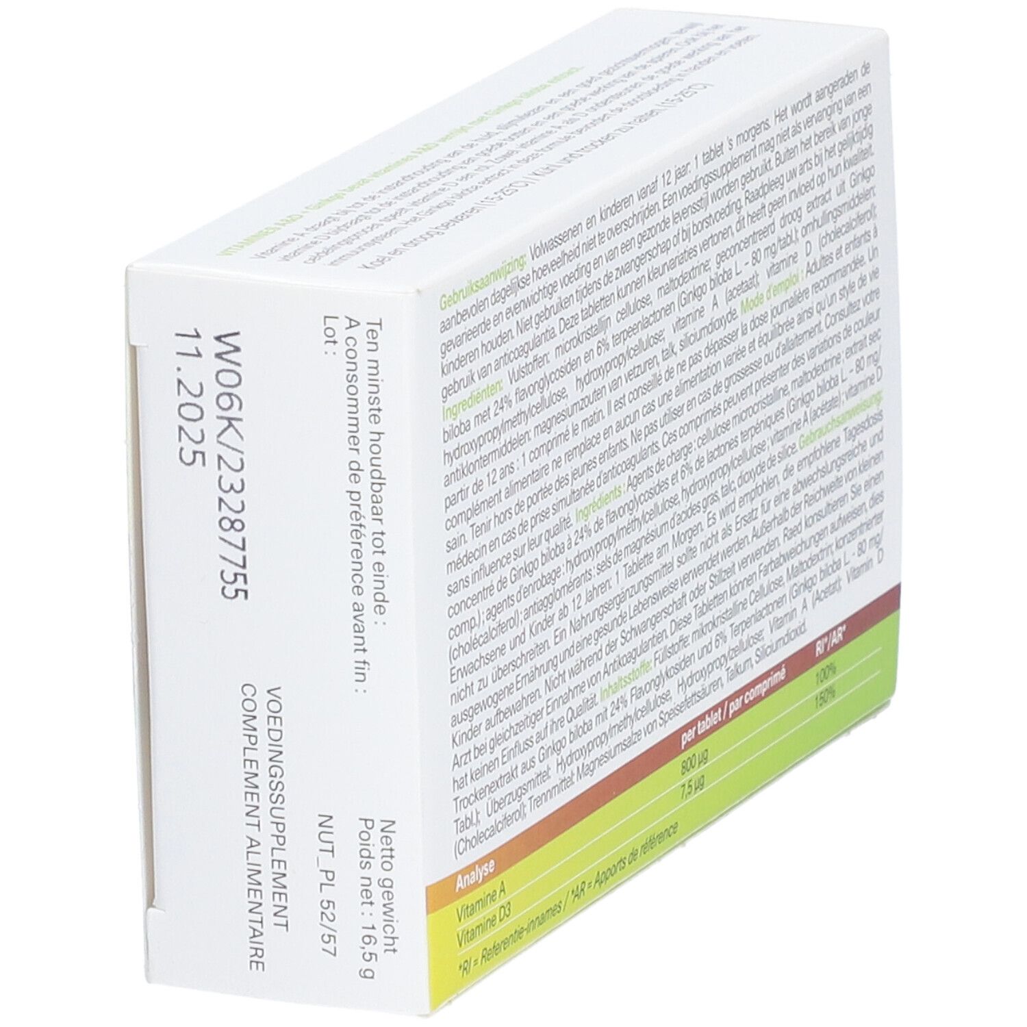 Vue latérale de l'emballage Nutritic Vitamines A & D Ginkgo. Texte avec date de péremption et informations nutritionnelles.